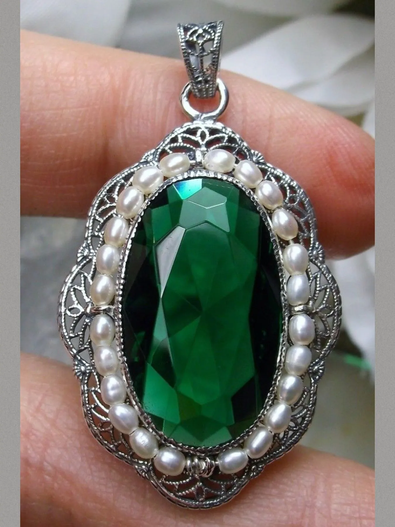Emerald Green Pendant, Victorian Necklace #P52