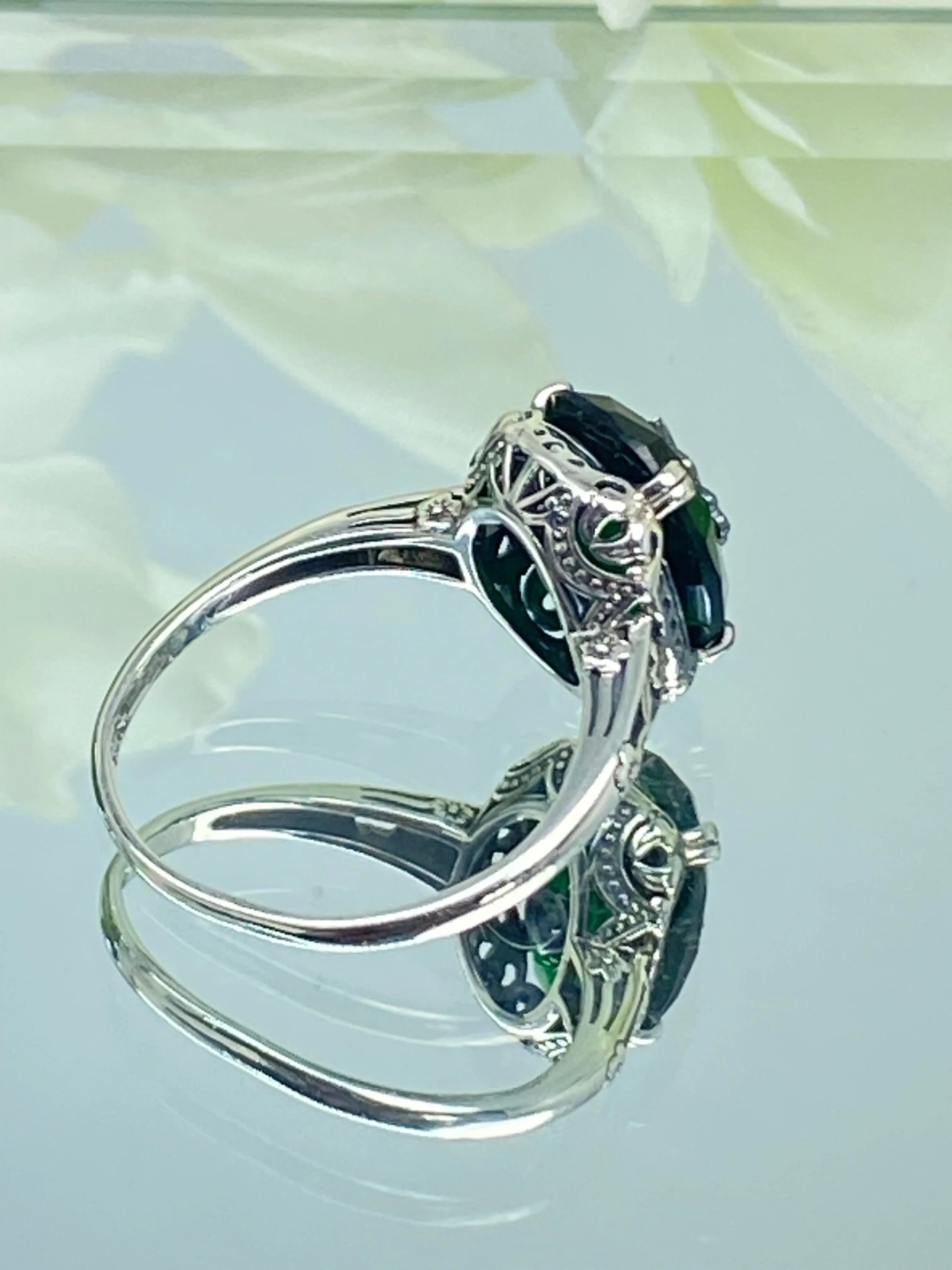 Emerald Green Ring, Sterling Silver Embellishment, Edwardian Jewelry #D70e