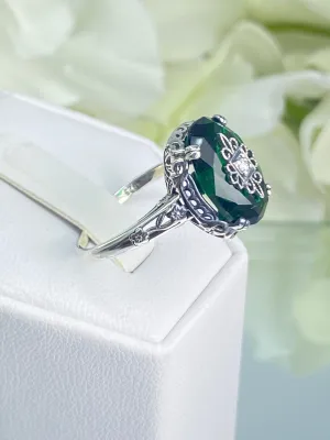 Emerald Green Ring, Sterling Silver Embellishment, Edwardian Jewelry #D70e