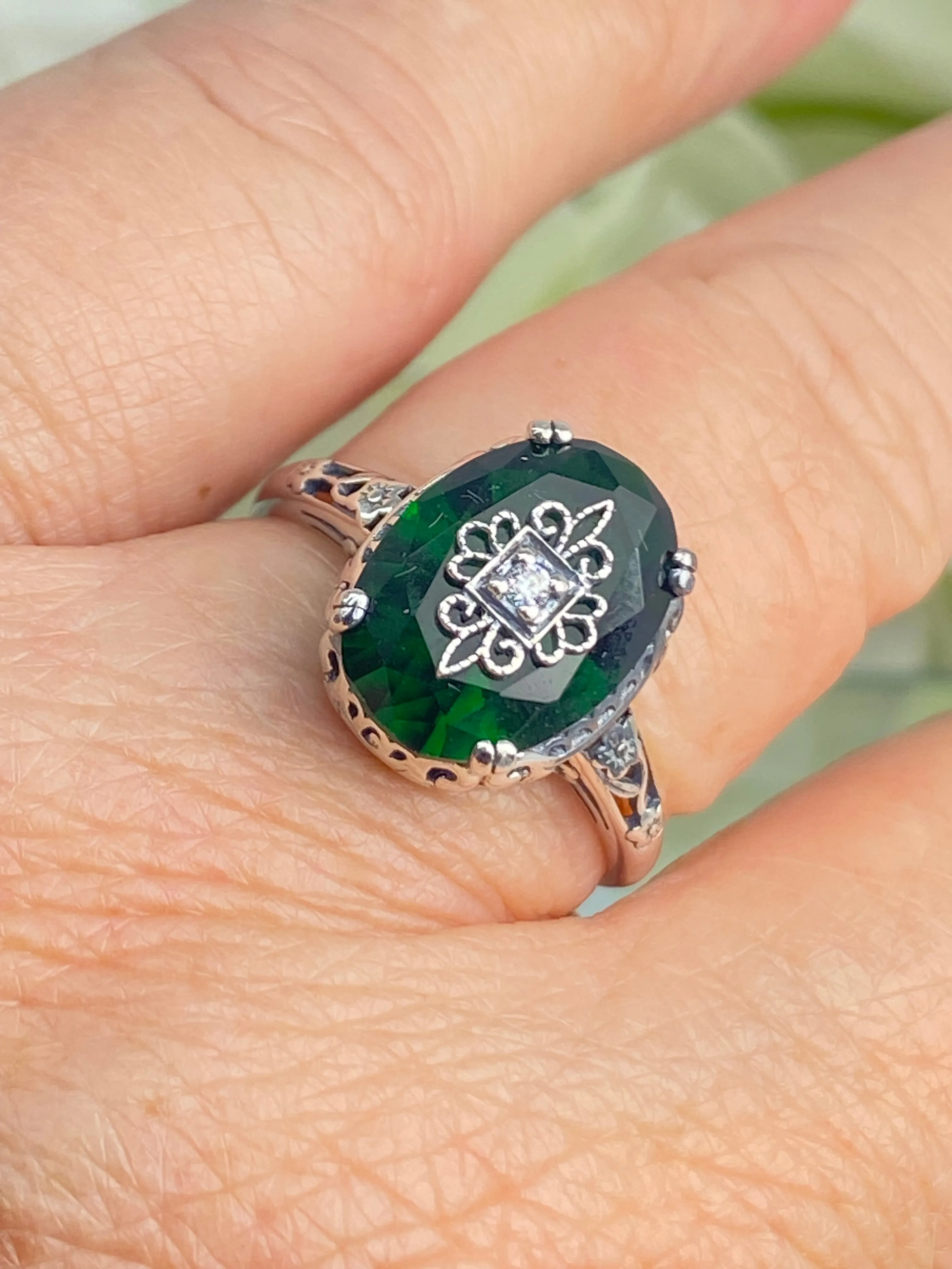 Emerald Green Ring, Sterling Silver Embellishment, Edwardian Jewelry #D70e
