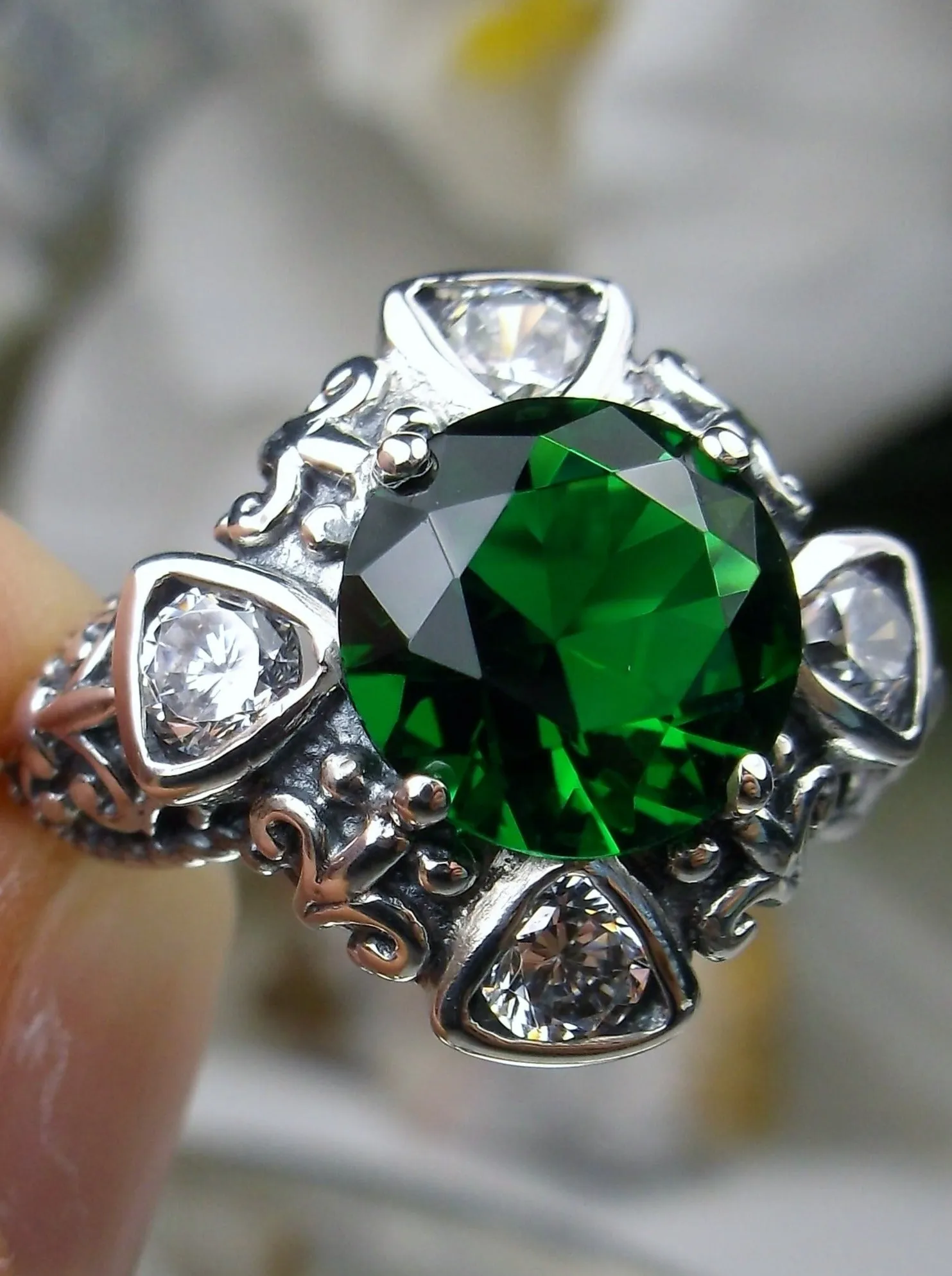 Emerald Ring, 5-Gem Art Deco Ring, Emerald Vintage Revival Jewelry #D138