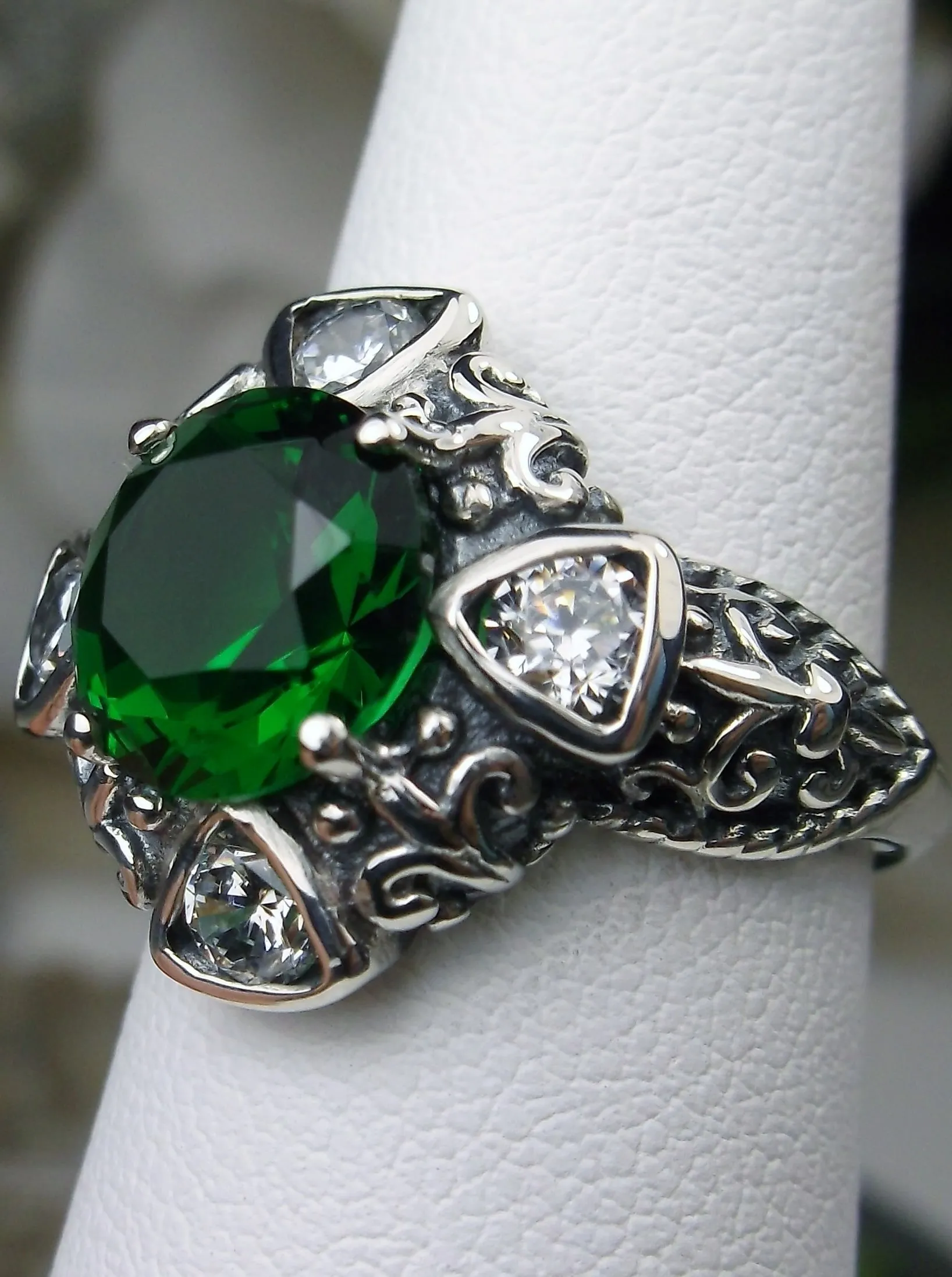 Emerald Ring, 5-Gem Art Deco Ring, Emerald Vintage Revival Jewelry #D138