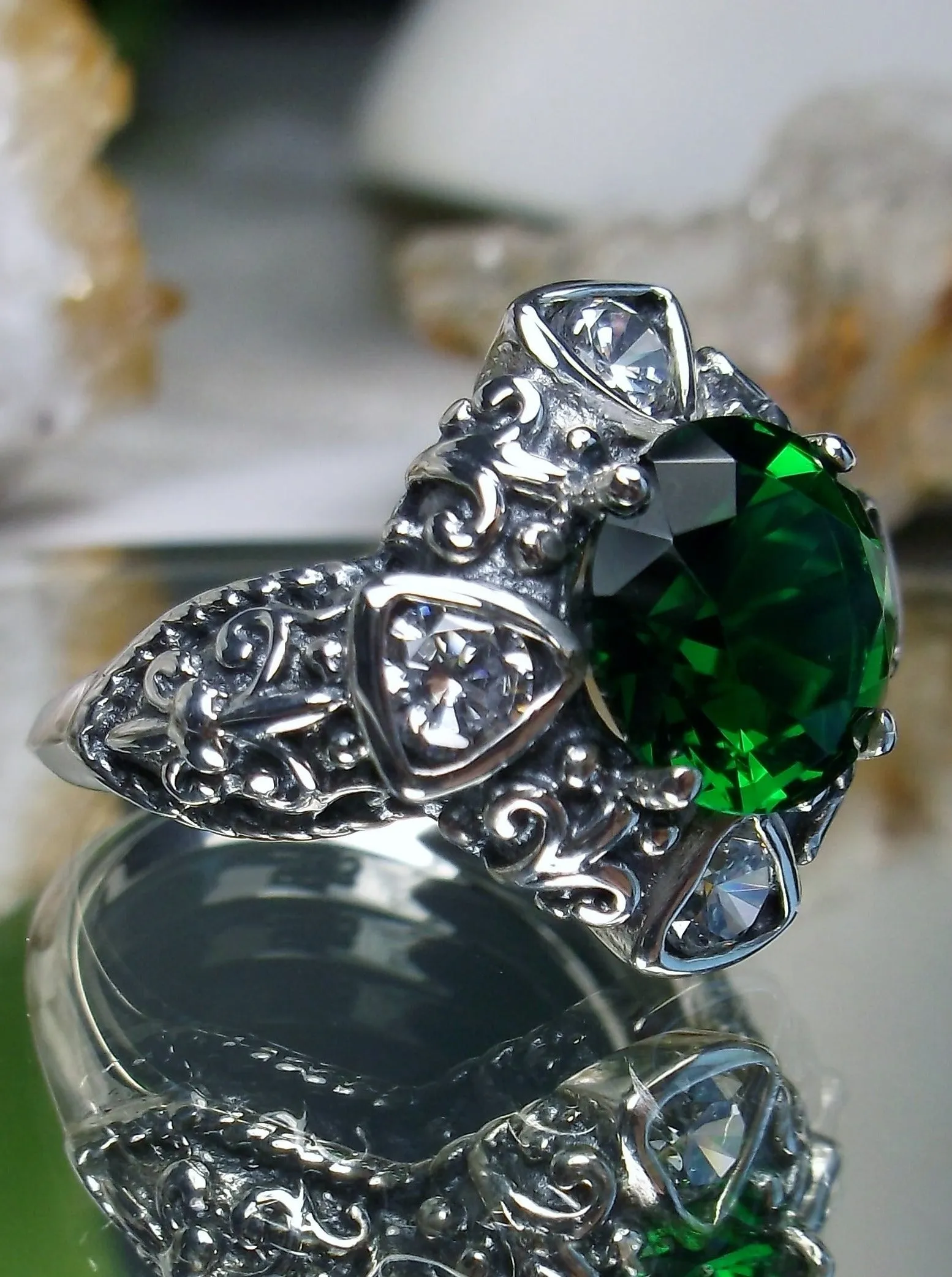 Emerald Ring, 5-Gem Art Deco Ring, Emerald Vintage Revival Jewelry #D138
