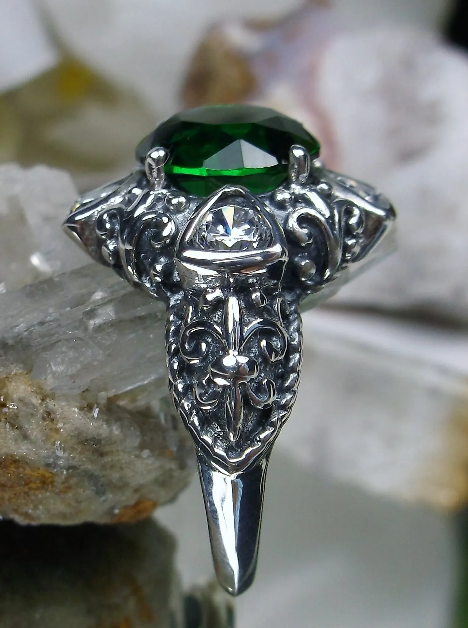 Emerald Ring, 5-Gem Art Deco Ring, Emerald Vintage Revival Jewelry #D138
