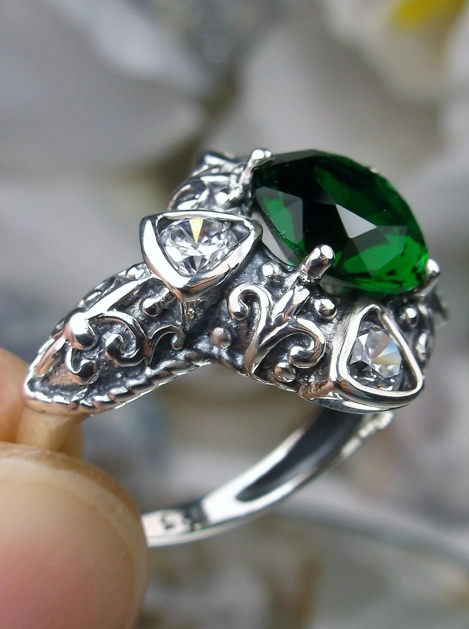 Emerald Ring, 5-Gem Art Deco Ring, Emerald Vintage Revival Jewelry #D138