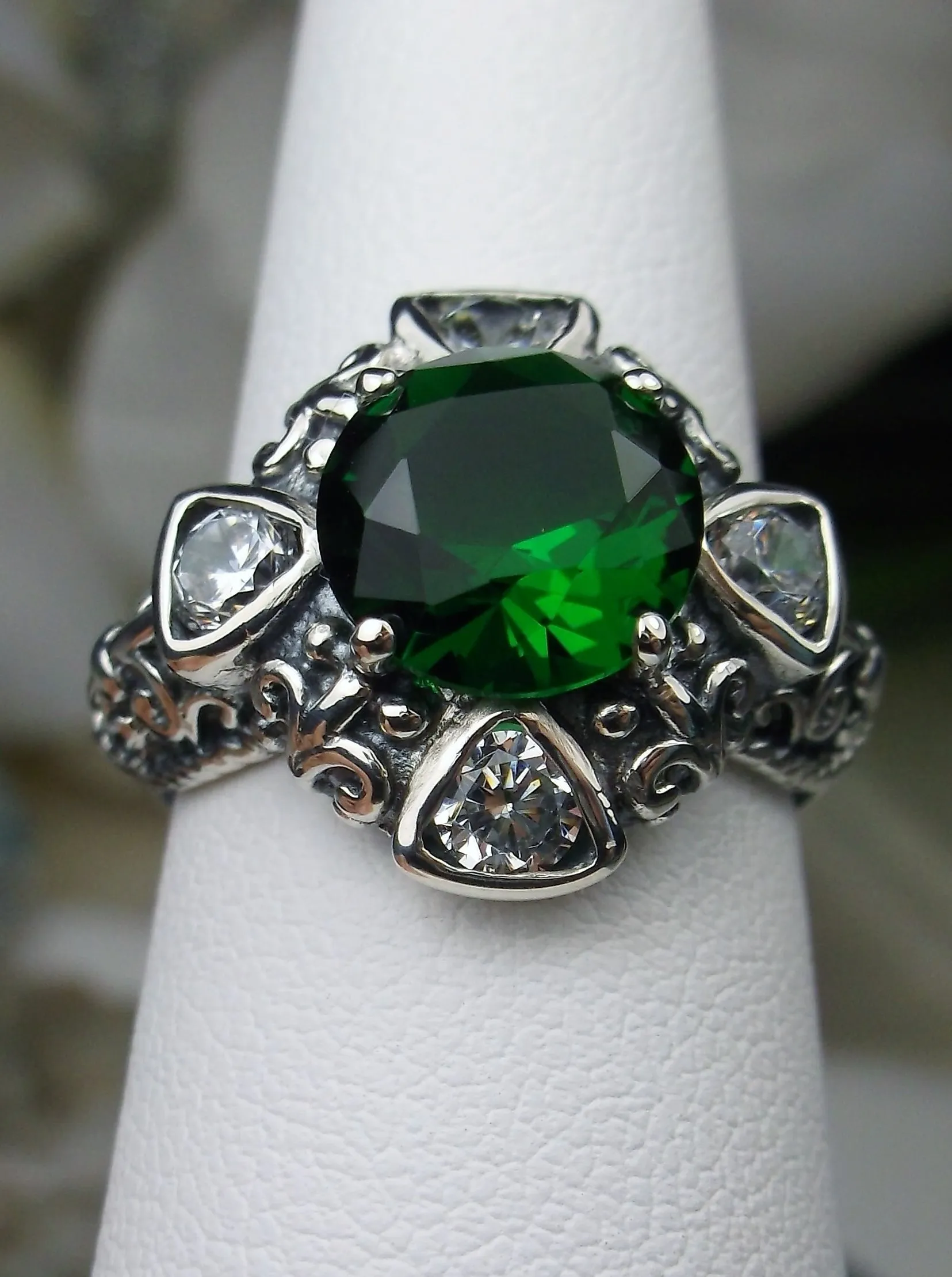 Emerald Ring, 5-Gem Art Deco Ring, Emerald Vintage Revival Jewelry #D138