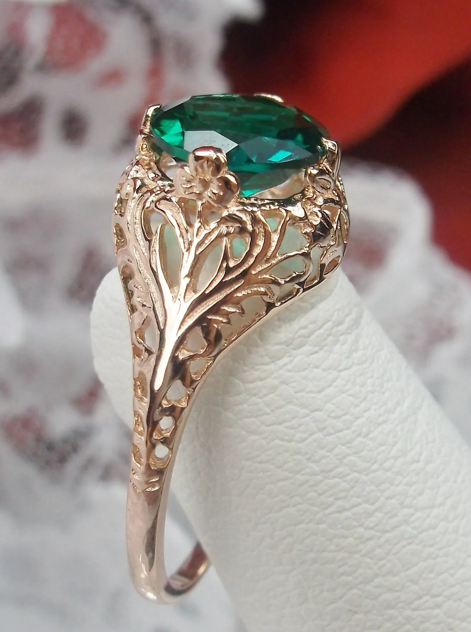Emerald Ring, Natural Gemstone, Rose Gold plated, Victorian Jewelry #D198