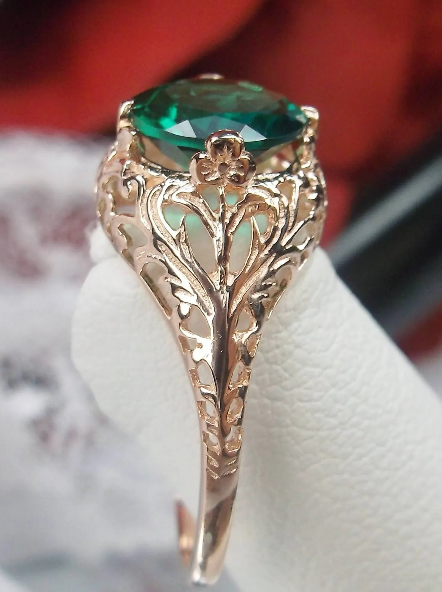 Emerald Ring, Natural Gemstone, Rose Gold plated, Victorian Jewelry #D198