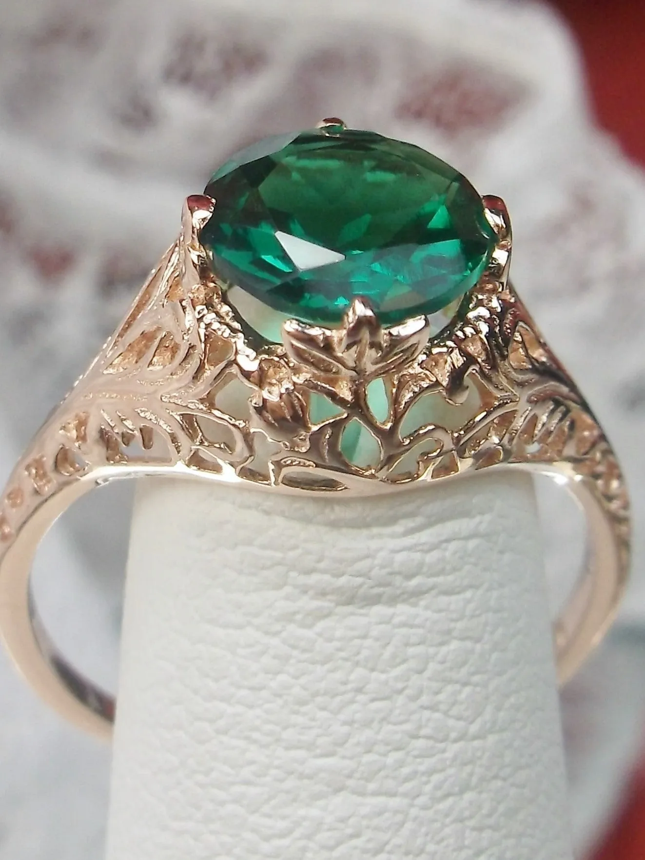 Emerald Ring, Natural Gemstone, Rose Gold plated, Victorian Jewelry #D198