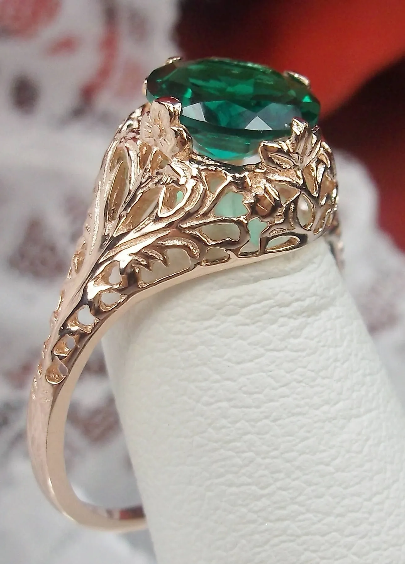 Emerald Ring, Natural Gemstone, Rose Gold plated, Victorian Jewelry #D198
