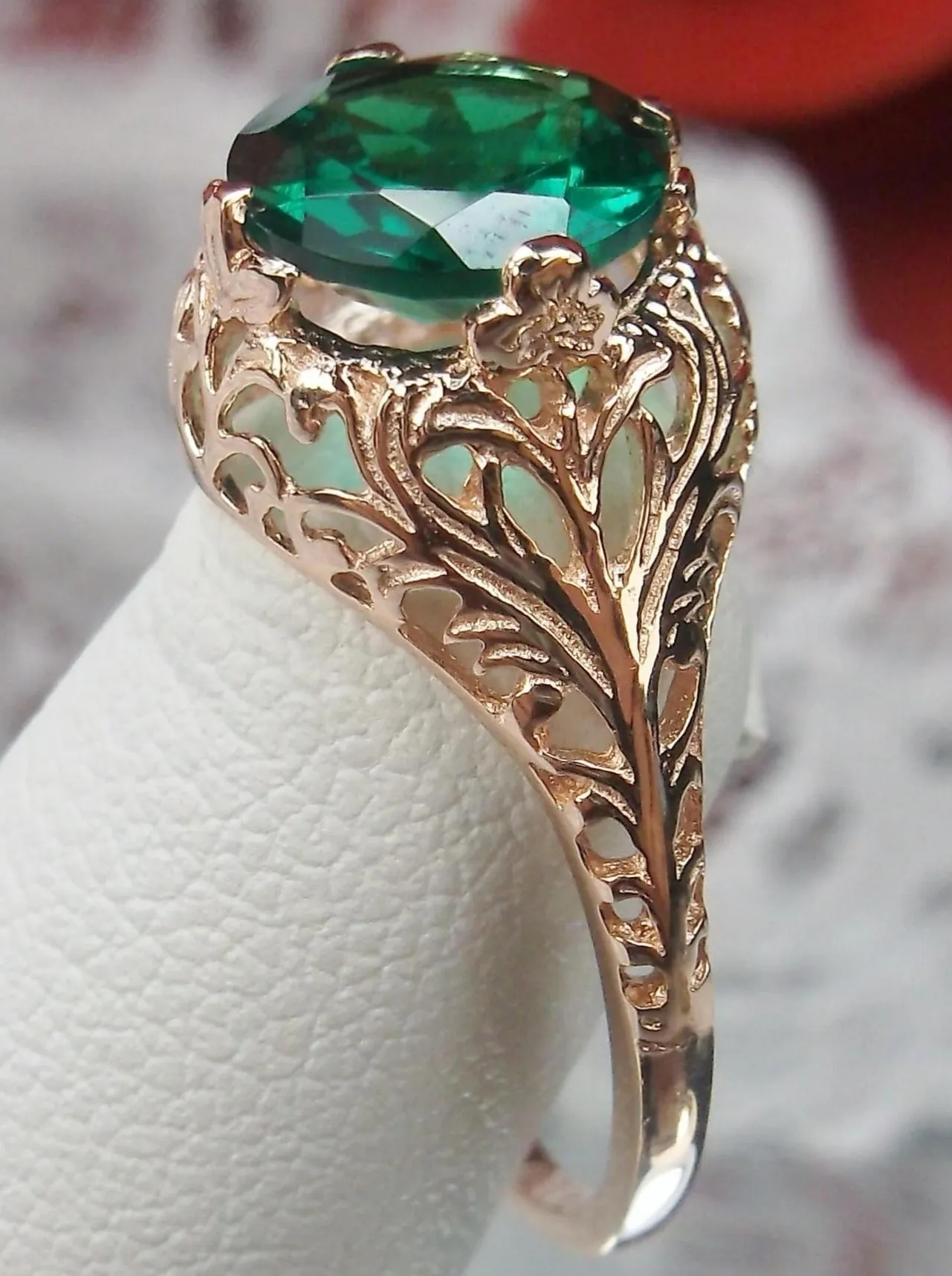 Emerald Ring, Natural Gemstone, Rose Gold plated, Victorian Jewelry #D198