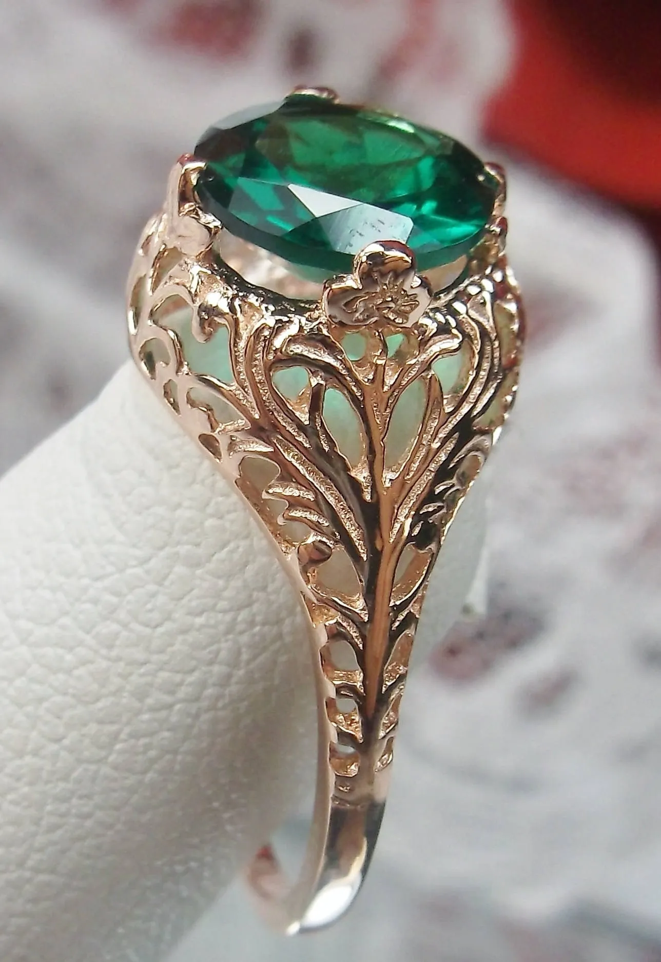 Emerald Ring, Natural Gemstone, Rose Gold plated, Victorian Jewelry #D198