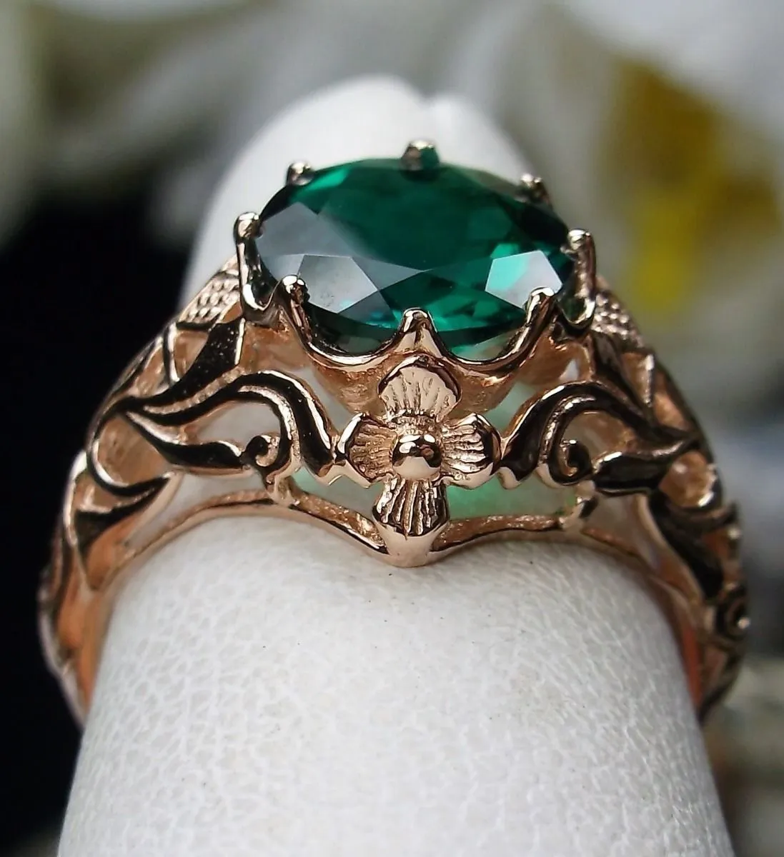 Emerald Ring, Rose Gold Jewelry, Daisy Filigree Victorian Jewelry #D66