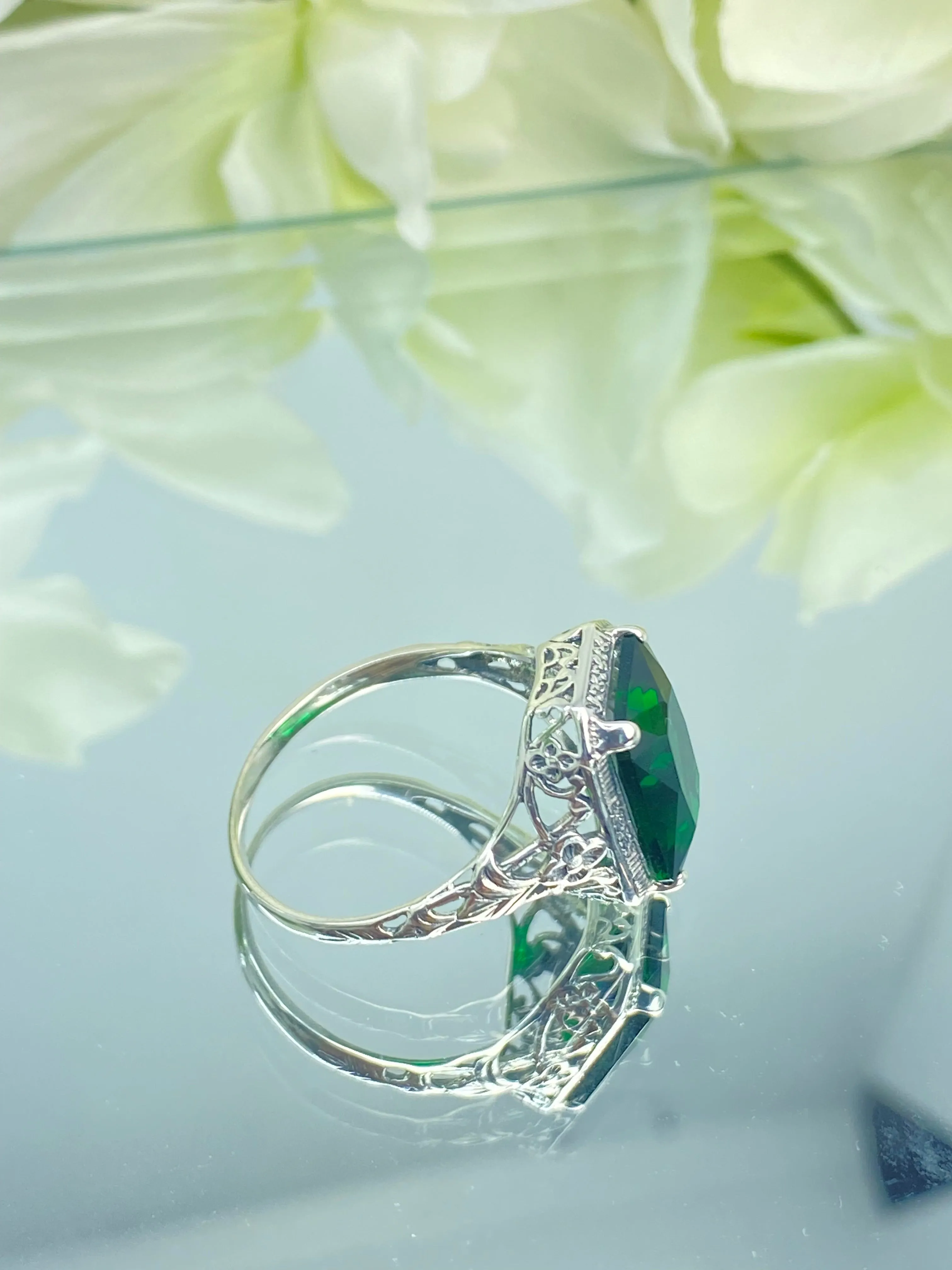 Emerald Ring, Size 11, Cushion Cut Gemstone, Vintage Style Art Nouveau Jewelry, Design#D64 - Ready to Ship