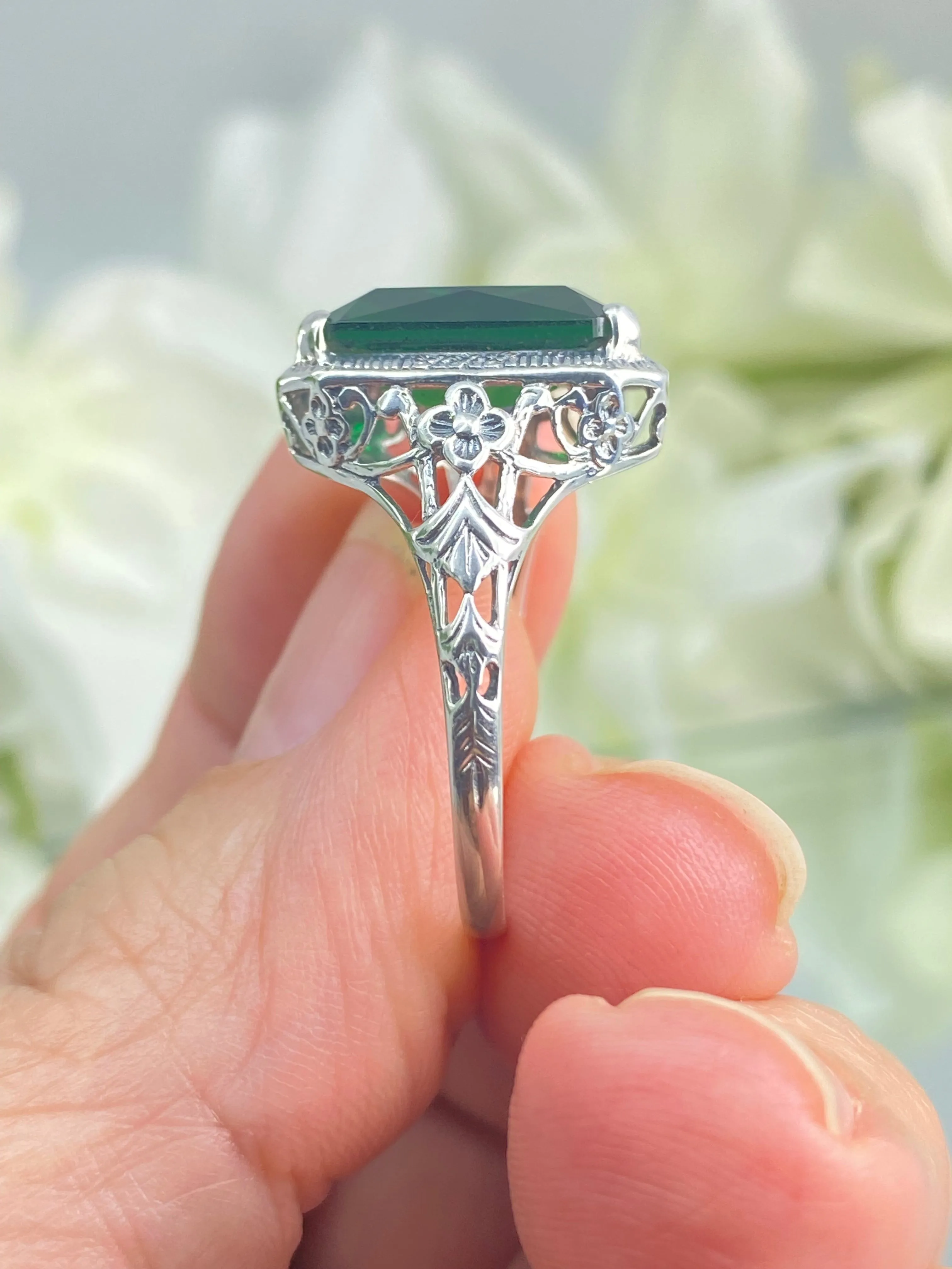 Emerald Ring, Size 11, Cushion Cut Gemstone, Vintage Style Art Nouveau Jewelry, Design#D64 - Ready to Ship