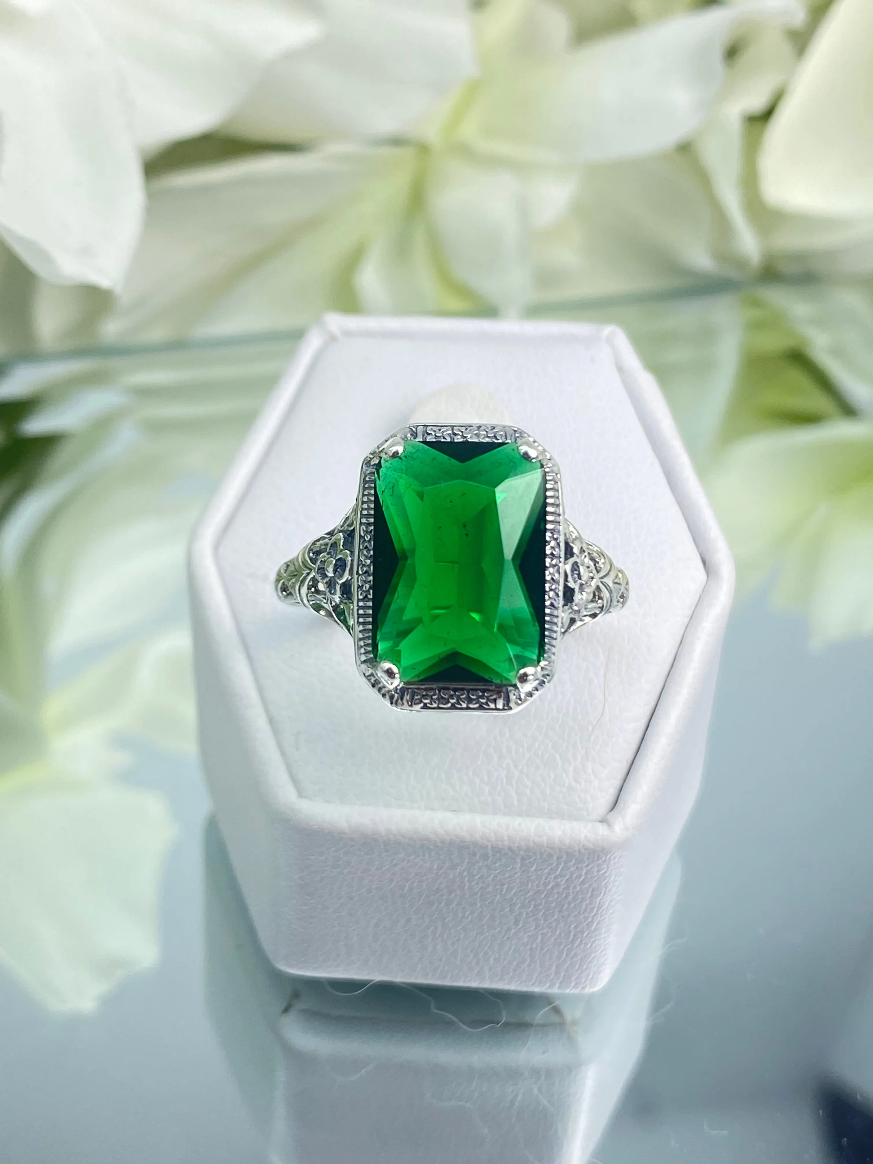 Emerald Ring, Size 11, Cushion Cut Gemstone, Vintage Style Art Nouveau Jewelry, Design#D64 - Ready to Ship