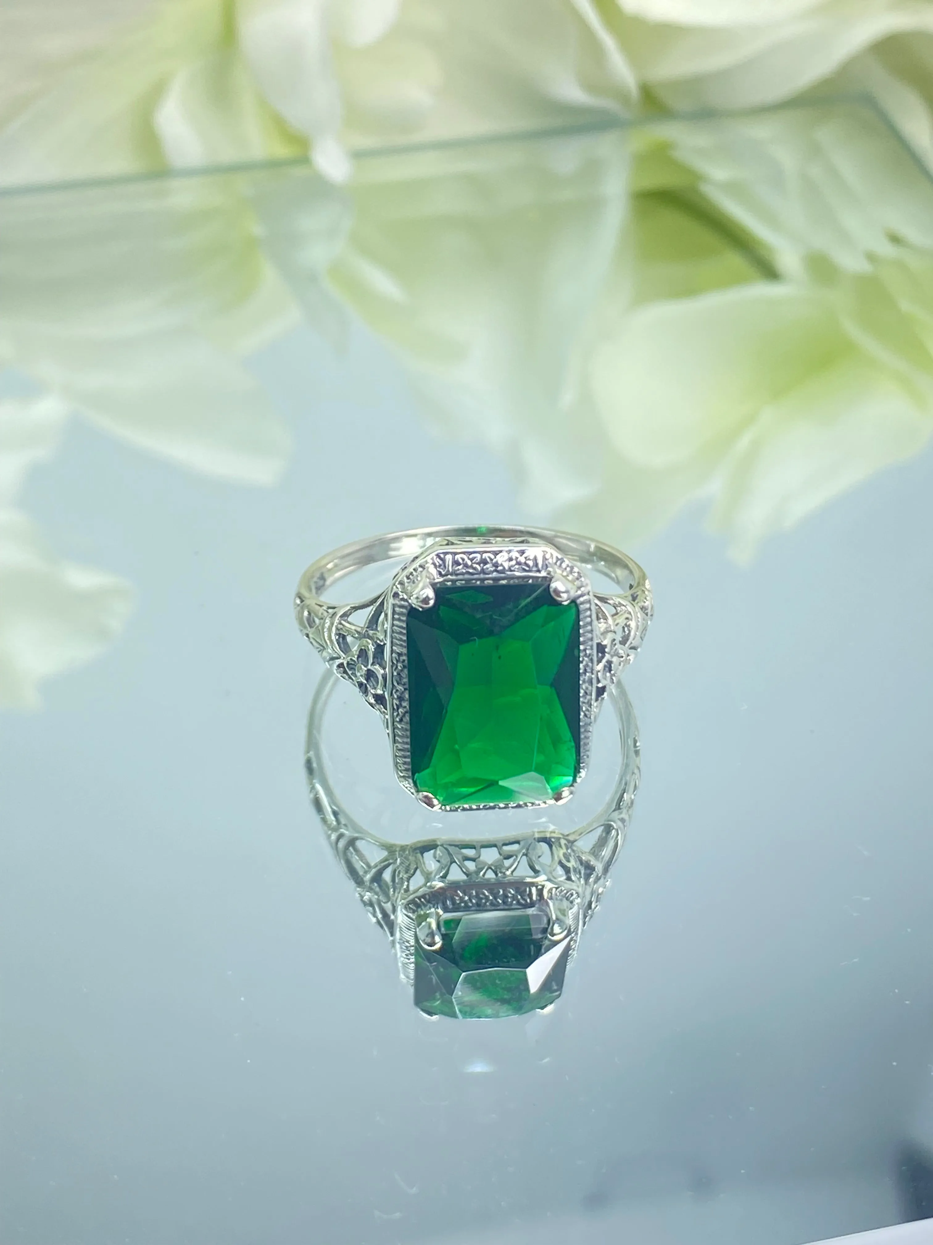 Emerald Ring, Size 11, Cushion Cut Gemstone, Vintage Style Art Nouveau Jewelry, Design#D64 - Ready to Ship