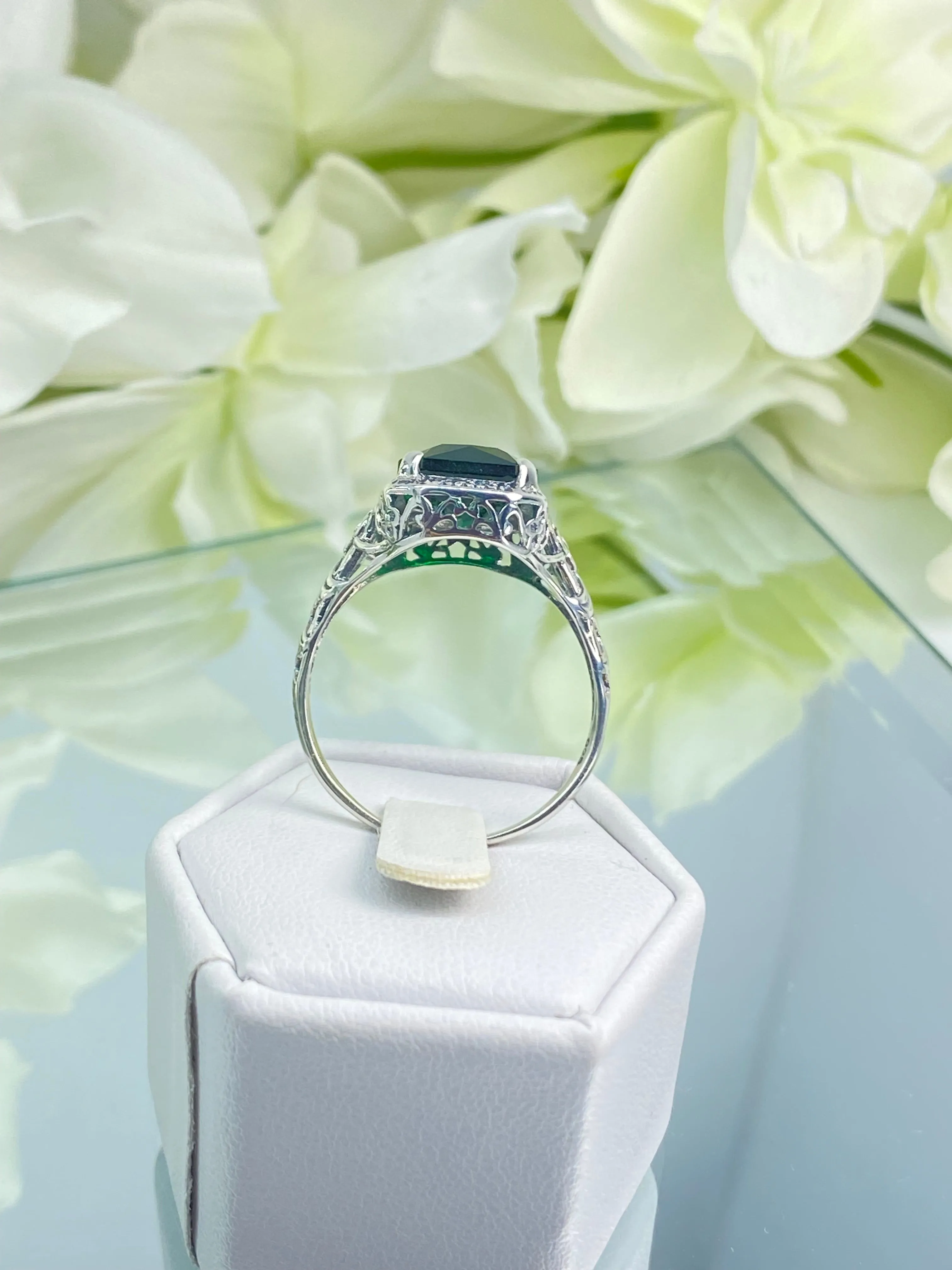 Emerald Ring, Size 11, Cushion Cut Gemstone, Vintage Style Art Nouveau Jewelry, Design#D64 - Ready to Ship