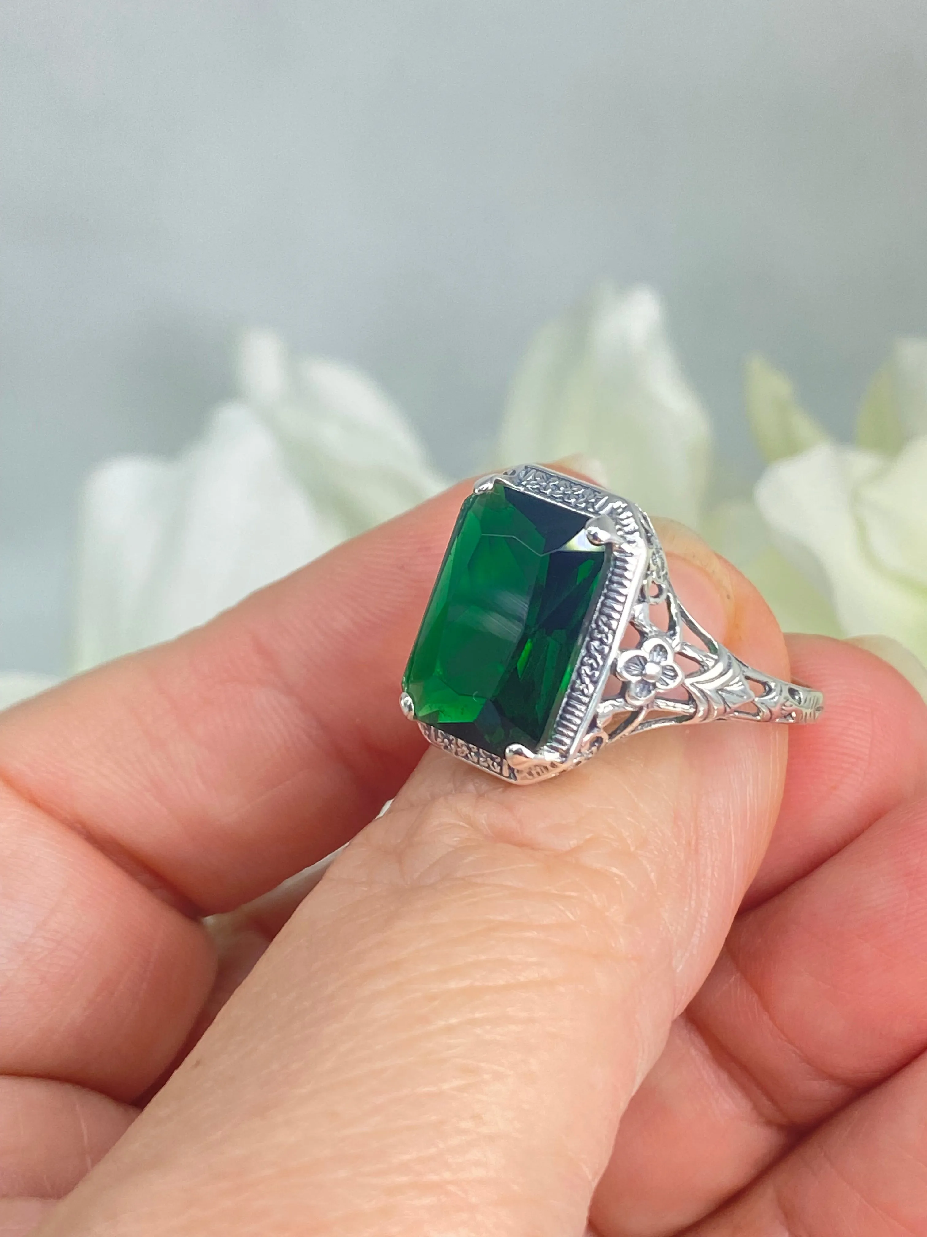 Emerald Ring, Size 11, Cushion Cut Gemstone, Vintage Style Art Nouveau Jewelry, Design#D64 - Ready to Ship
