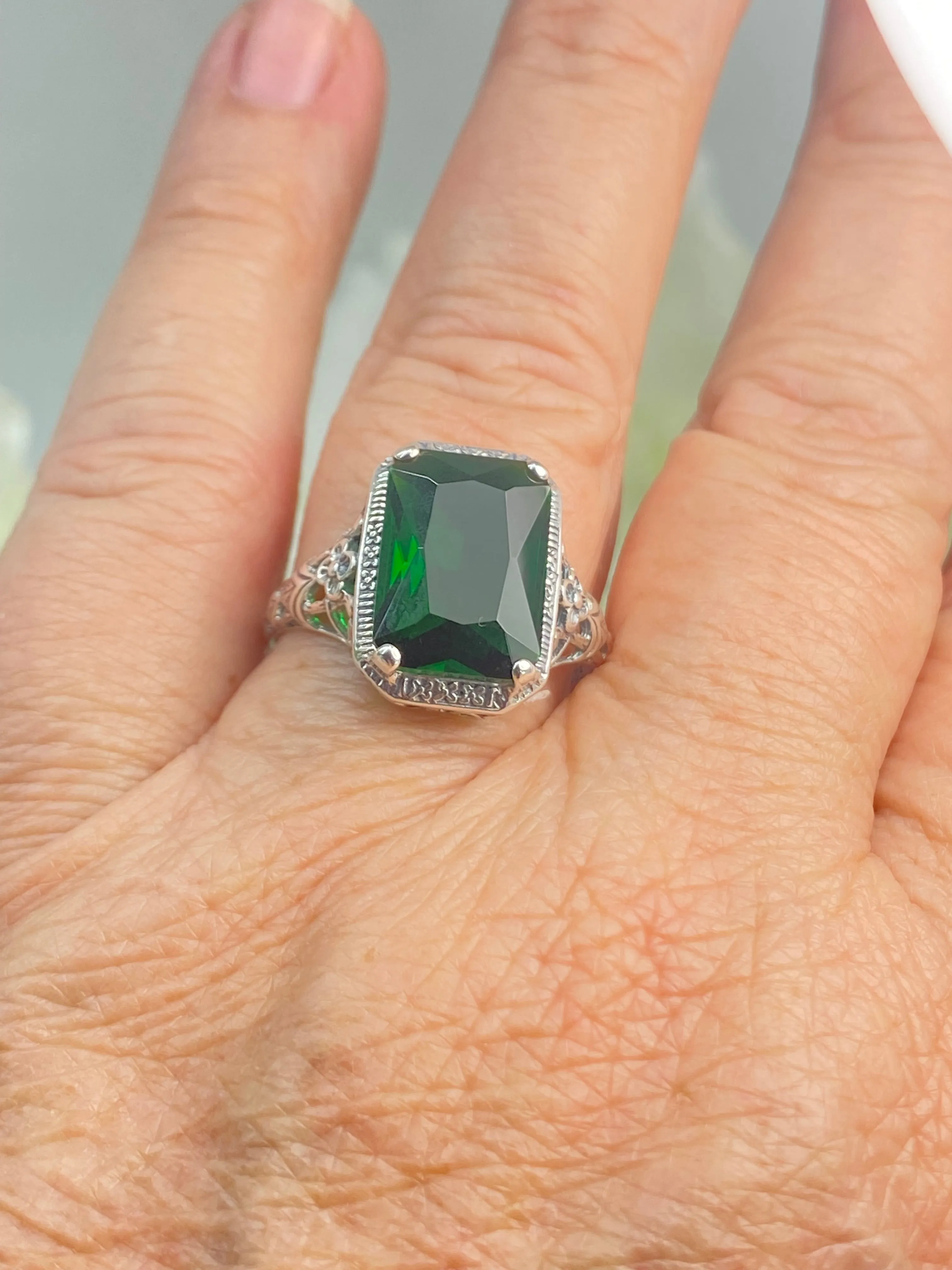 Emerald Ring, Size 11, Cushion Cut Gemstone, Vintage Style Art Nouveau Jewelry, Design#D64 - Ready to Ship