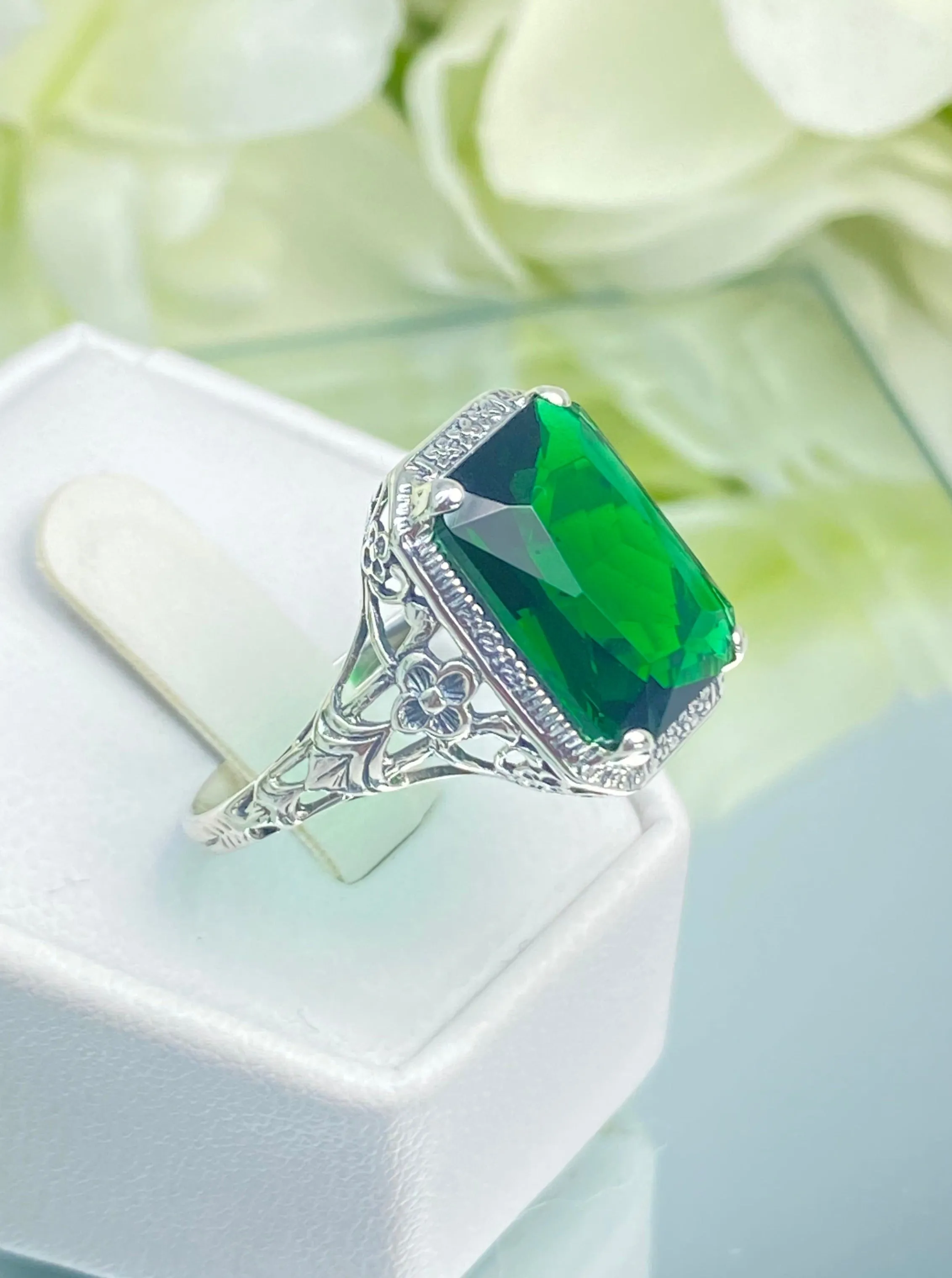 Emerald Ring, Size 11, Cushion Cut Gemstone, Vintage Style Art Nouveau Jewelry, Design#D64 - Ready to Ship