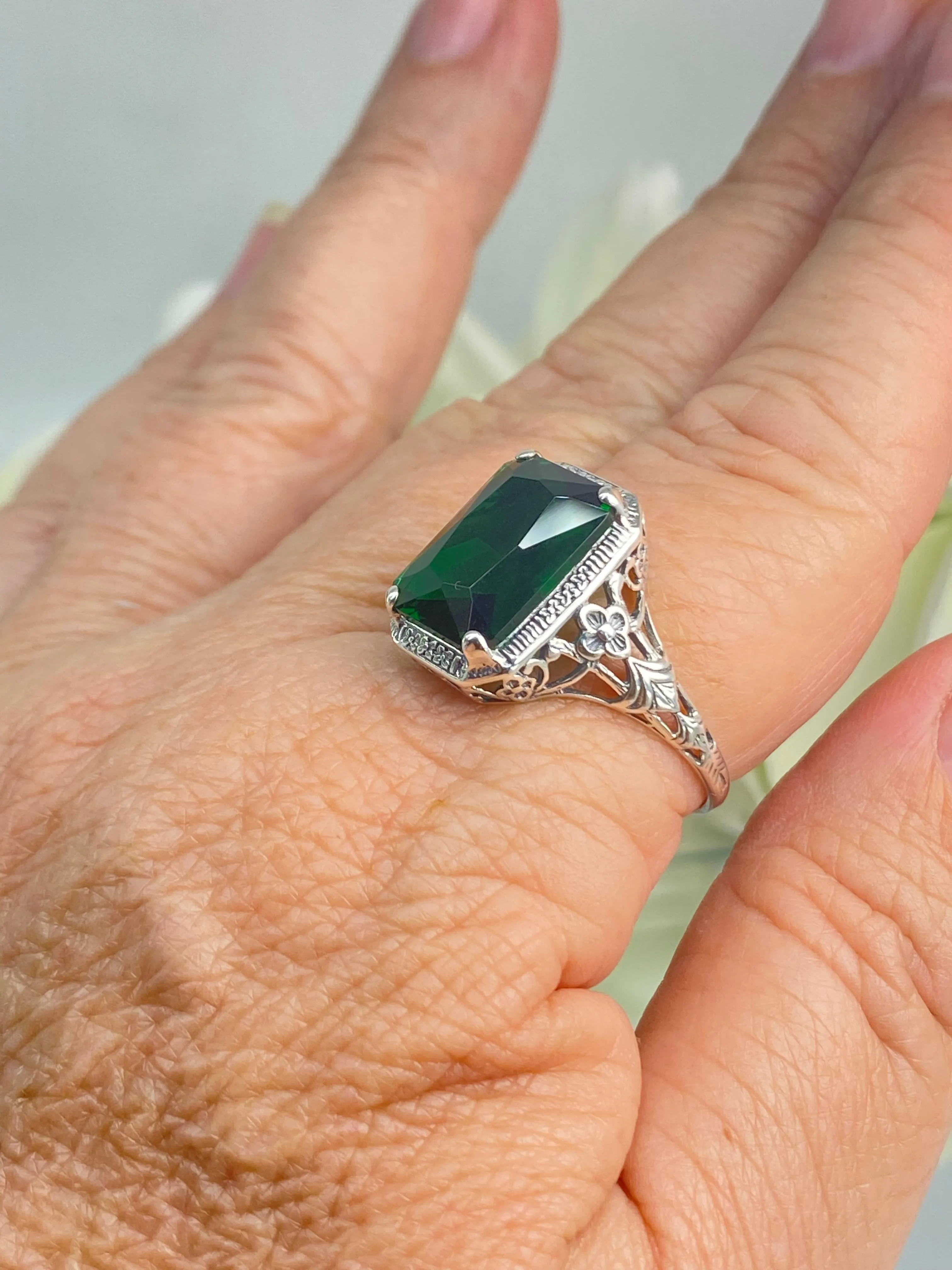 Emerald Ring, Size 11, Cushion Cut Gemstone, Vintage Style Art Nouveau Jewelry, Design#D64 - Ready to Ship