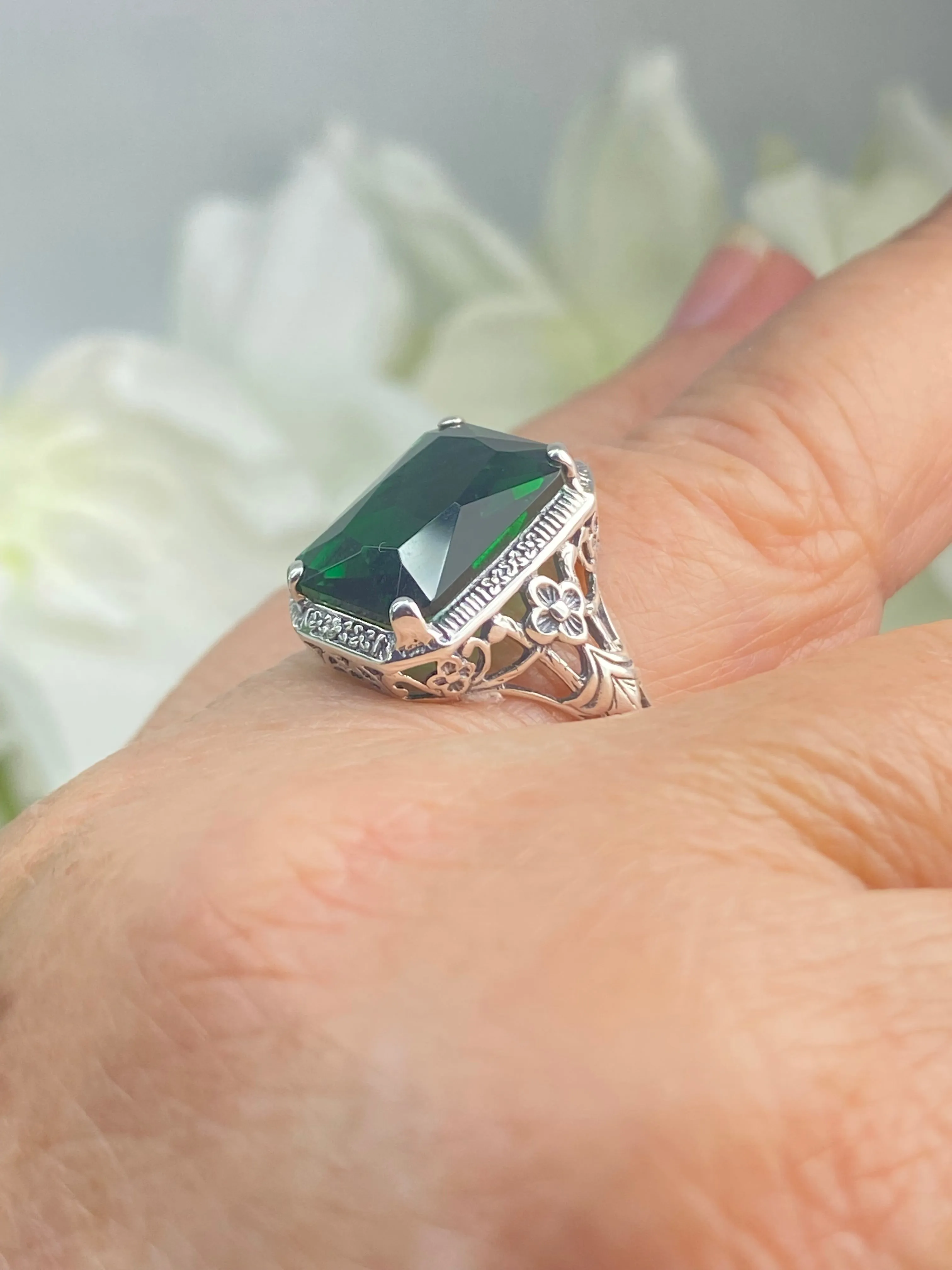 Emerald Ring, Size 11, Cushion Cut Gemstone, Vintage Style Art Nouveau Jewelry, Design#D64 - Ready to Ship