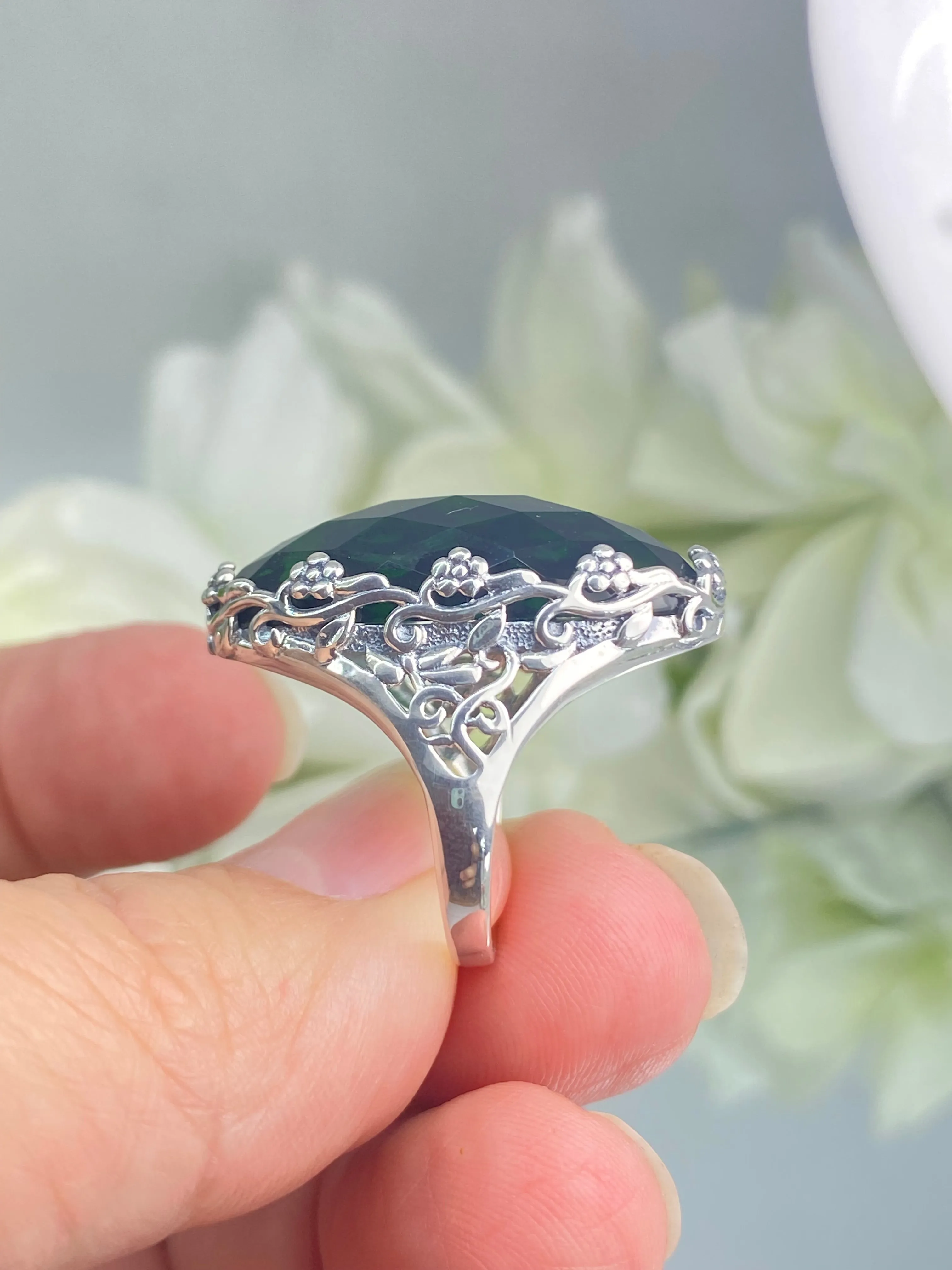 Emerald Ring, Size 7, Large Oval gem, Vintage Jewelry #D97 - Ready to Ship