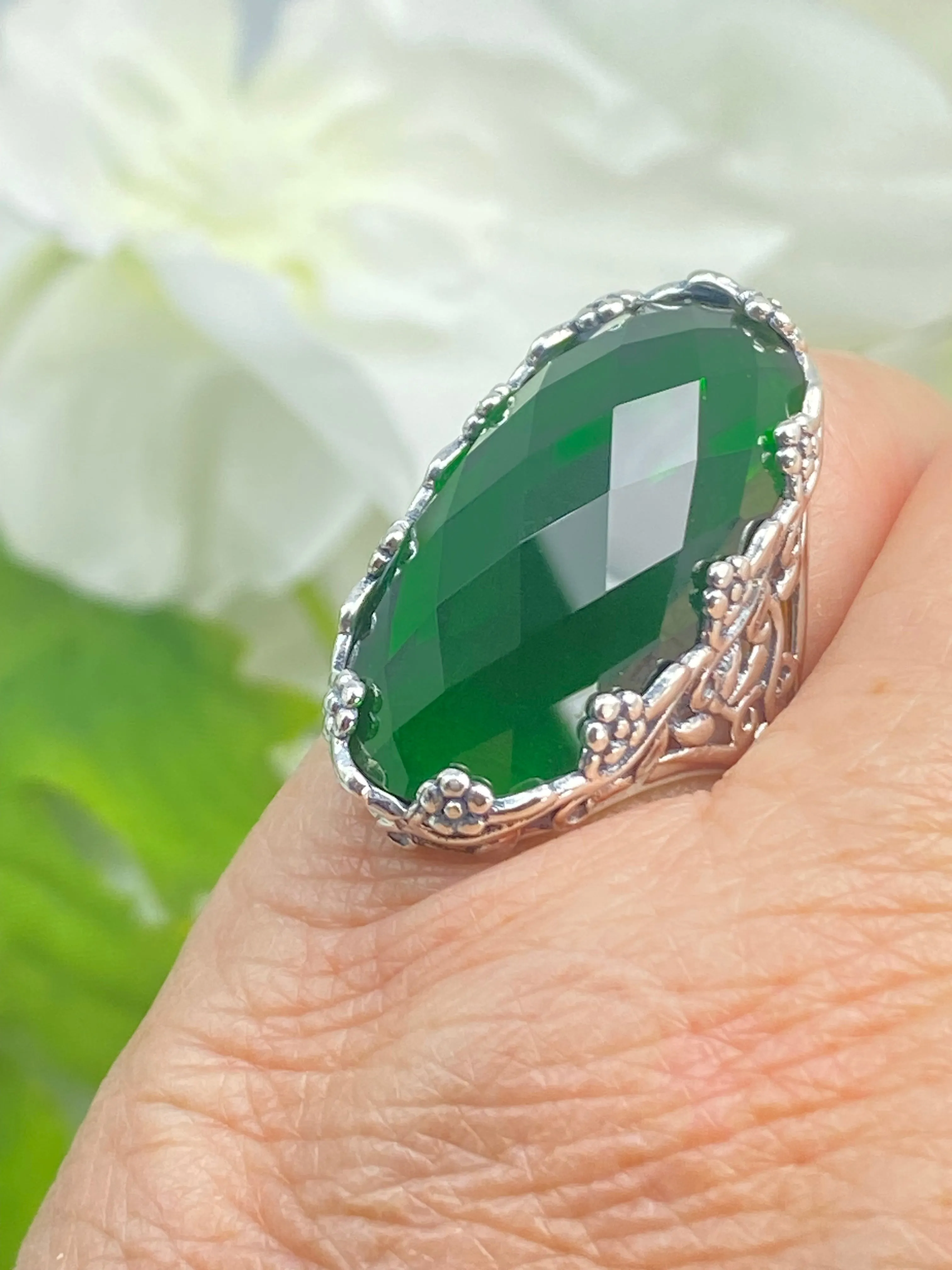 Emerald Ring, Size 7, Large Oval gem, Vintage Jewelry #D97 - Ready to Ship
