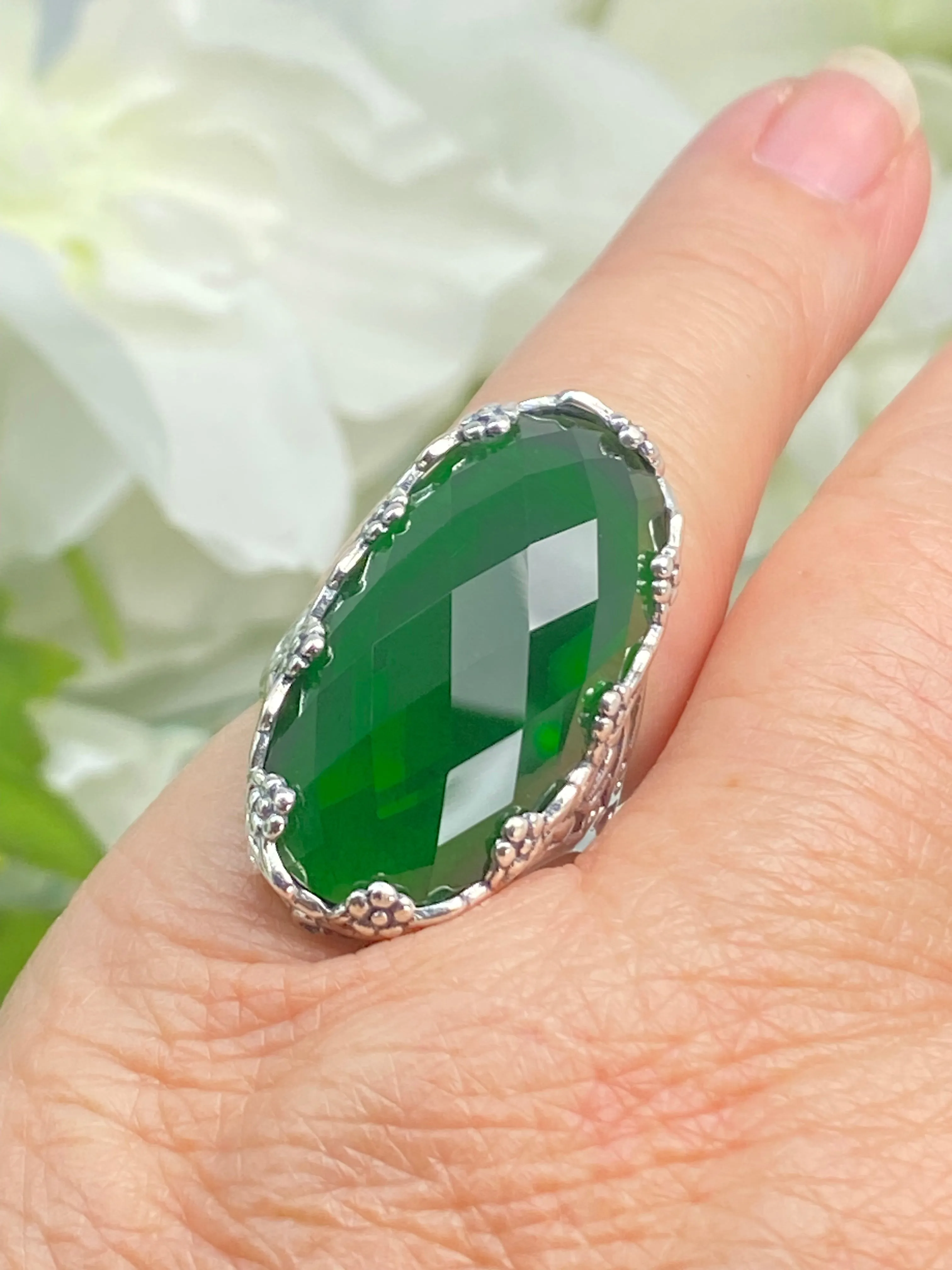 Emerald Ring, Size 7, Large Oval gem, Vintage Jewelry #D97 - Ready to Ship