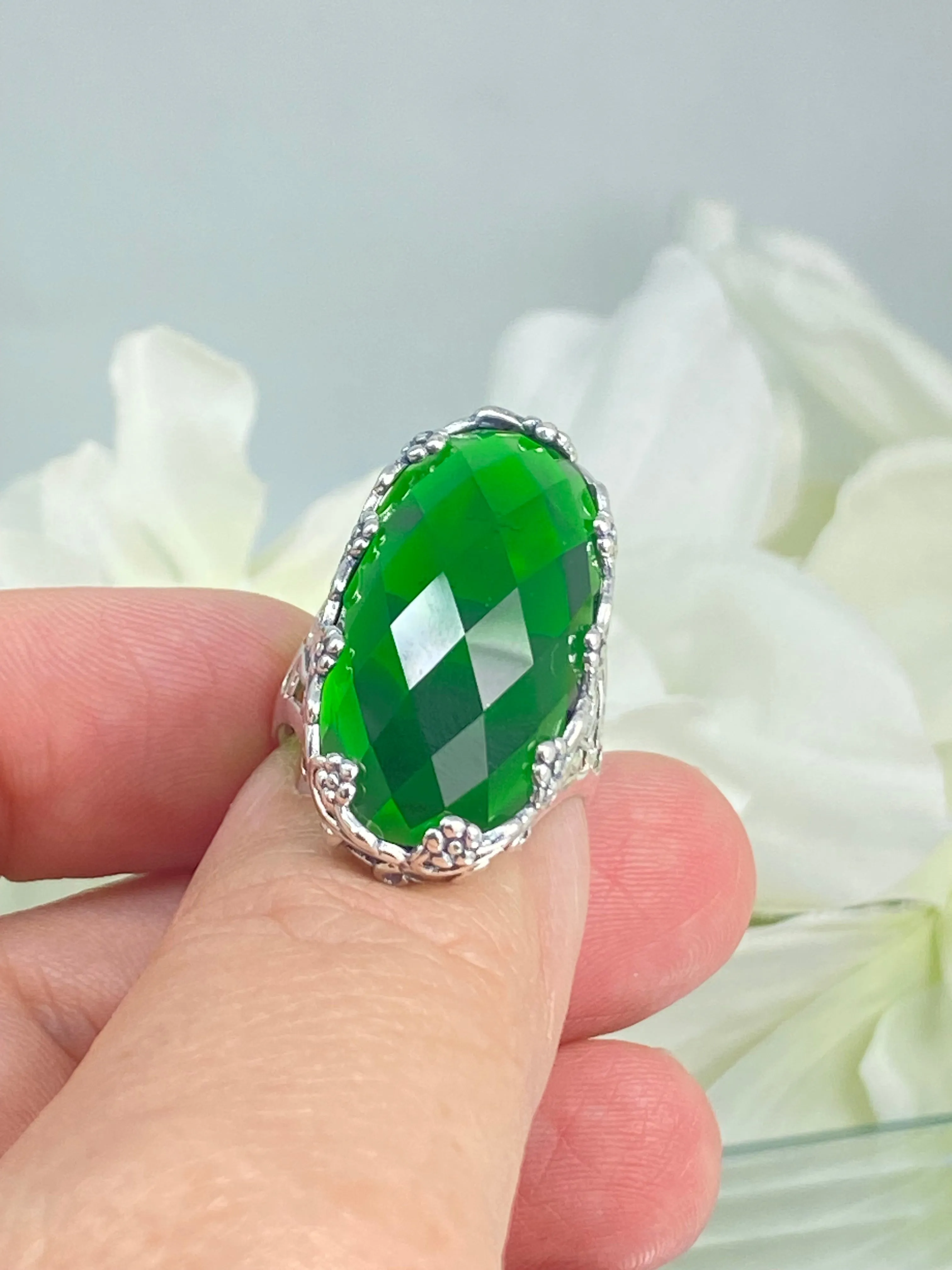 Emerald Ring, Size 7, Large Oval gem, Vintage Jewelry #D97 - Ready to Ship