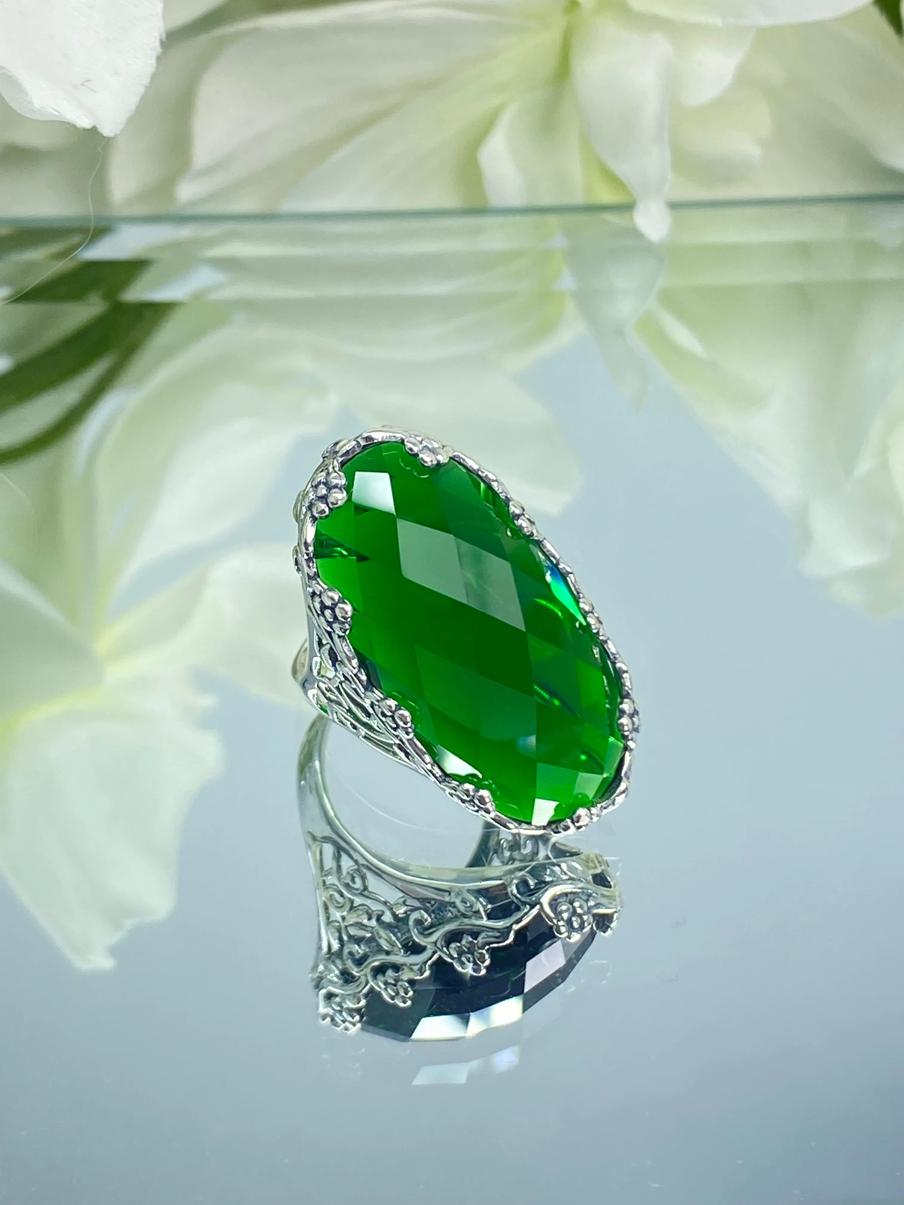 Emerald Ring, Size 7, Large Oval gem, Vintage Jewelry #D97 - Ready to Ship
