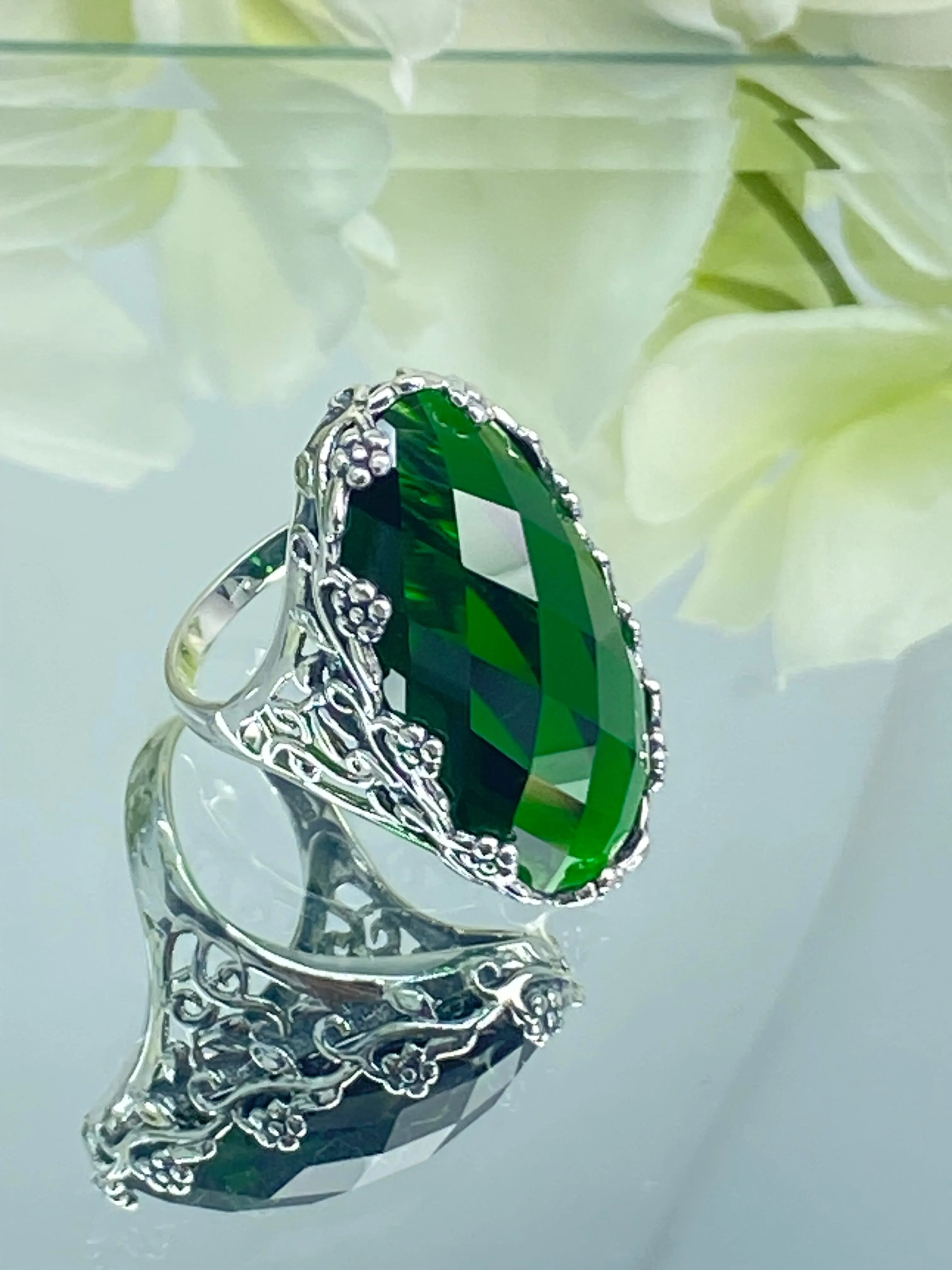 Emerald Ring, Size 7, Large Oval gem, Vintage Jewelry #D97 - Ready to Ship