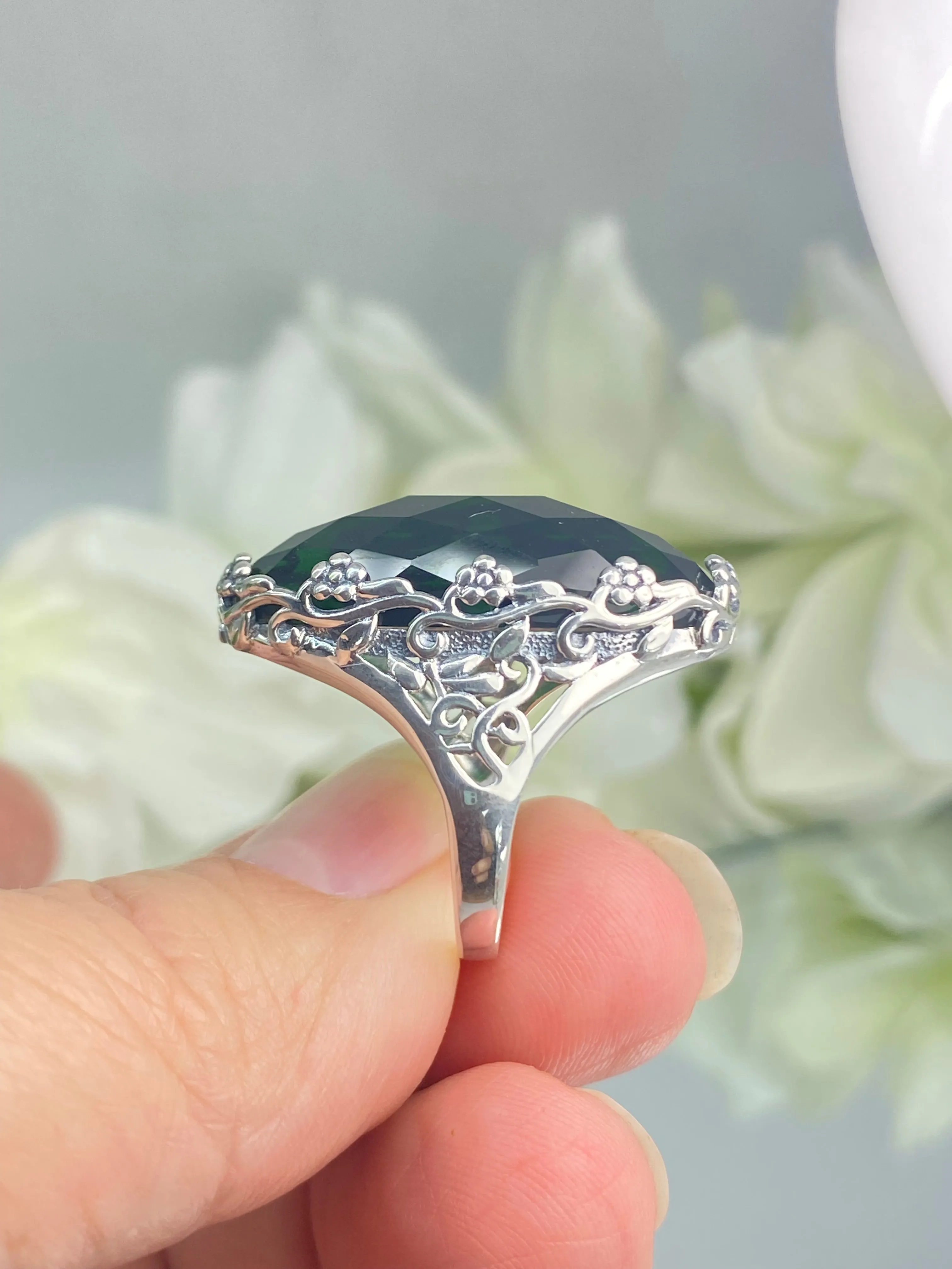 Emerald Ring, Size 7, Large Oval gem, Vintage Jewelry #D97 - Ready to Ship