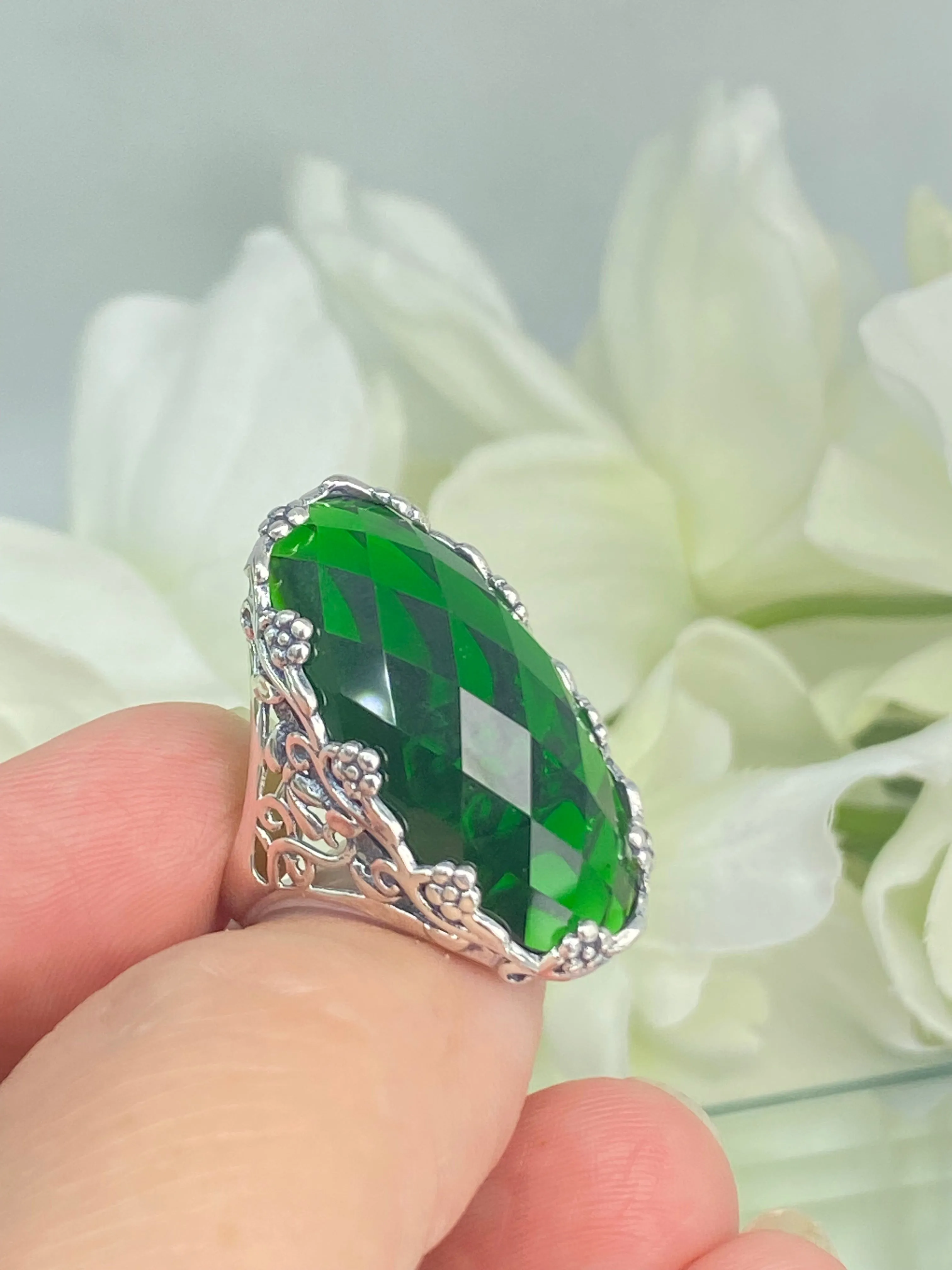 Emerald Ring, Size 7, Large Oval gem, Vintage Jewelry #D97 - Ready to Ship