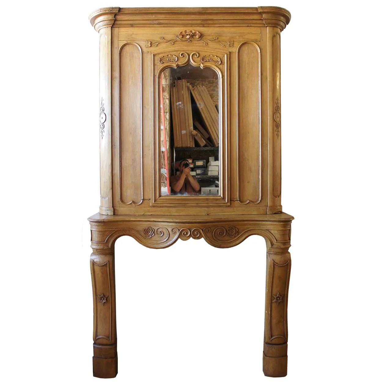 French Fanny Brice Mansion Louis XV Oak Mirrored Trumeau Fireplace Surround