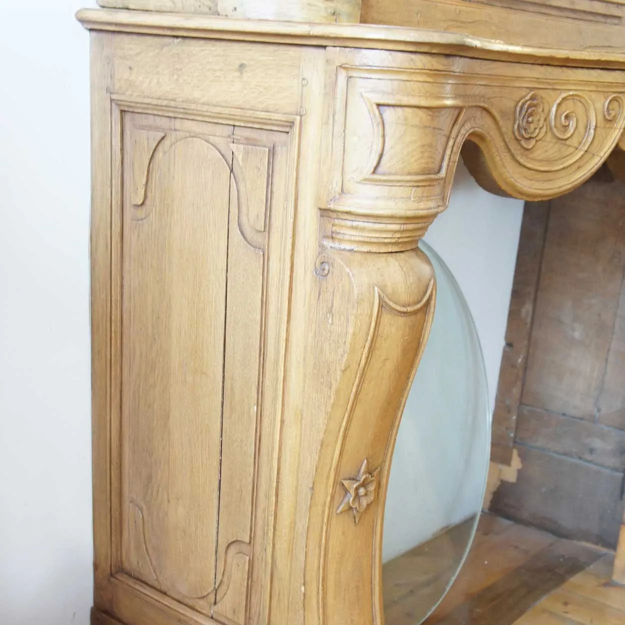French Fanny Brice Mansion Louis XV Oak Mirrored Trumeau Fireplace Surround