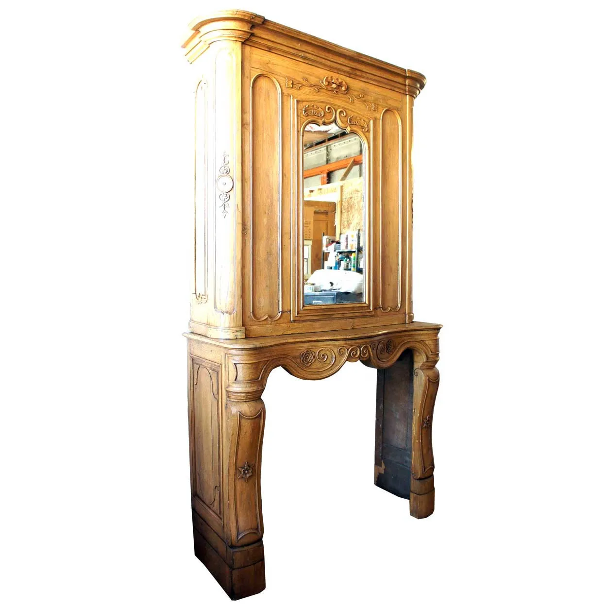 French Fanny Brice Mansion Louis XV Oak Mirrored Trumeau Fireplace Surround