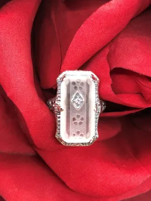Frosted Camphor Glass Ring, Size 8, Diamond Inset, 1915 Vintage style, Edwardian Jewelry #D232 - Ready to Ship