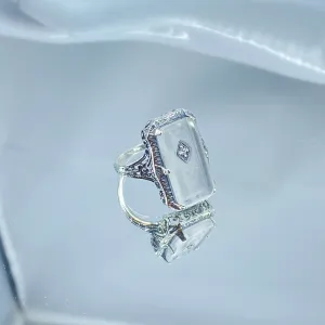 Frosted Camphor Glass Ring, Size 9, Diamond Inset, 1915 Vintage style, Edwardian Jewelry #D232 - Ready to Ship