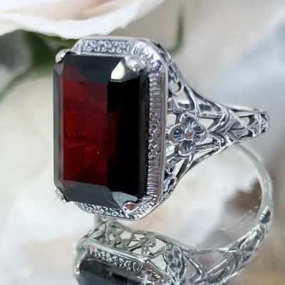 Garnet Art Nouveau Ring, Natural or CZ Gemstone, Vintage Style Jewelry, Design#D64