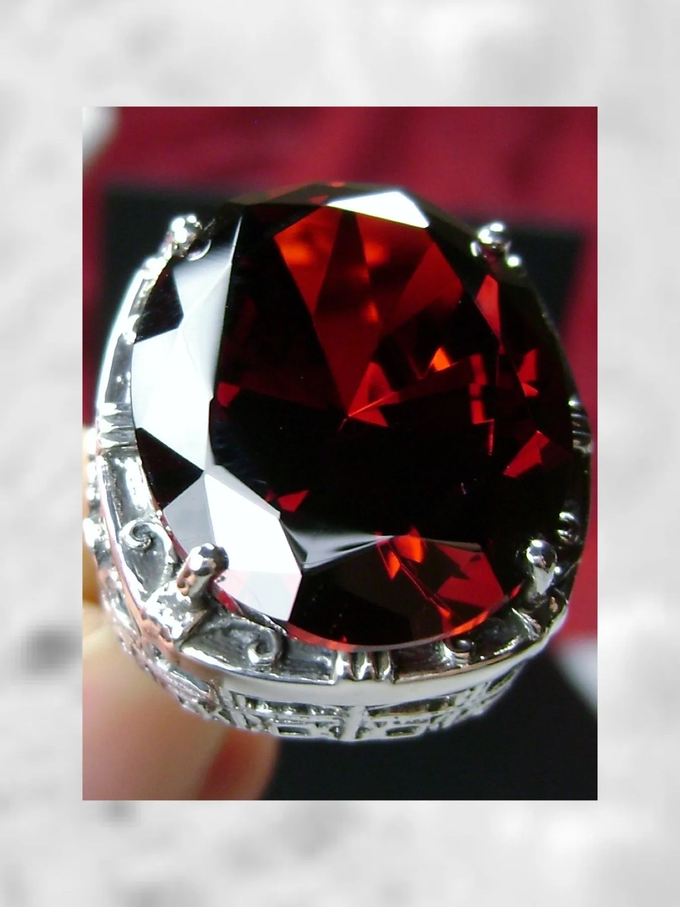 Garnet CZ (Cubic Zirconia) Ring, 24ct Oval Cut Gem, Victorian Jewelry, D76
