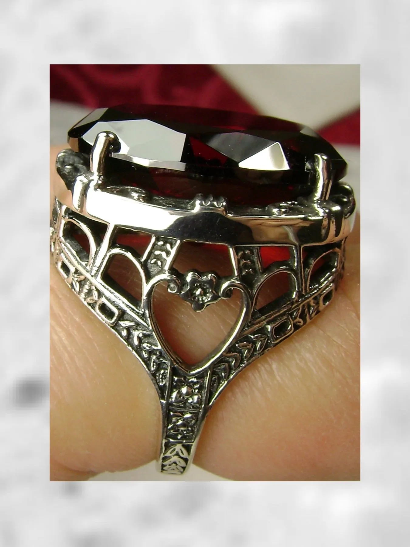 Garnet CZ (Cubic Zirconia) Ring, 24ct Oval Cut Gem, Victorian Jewelry, D76