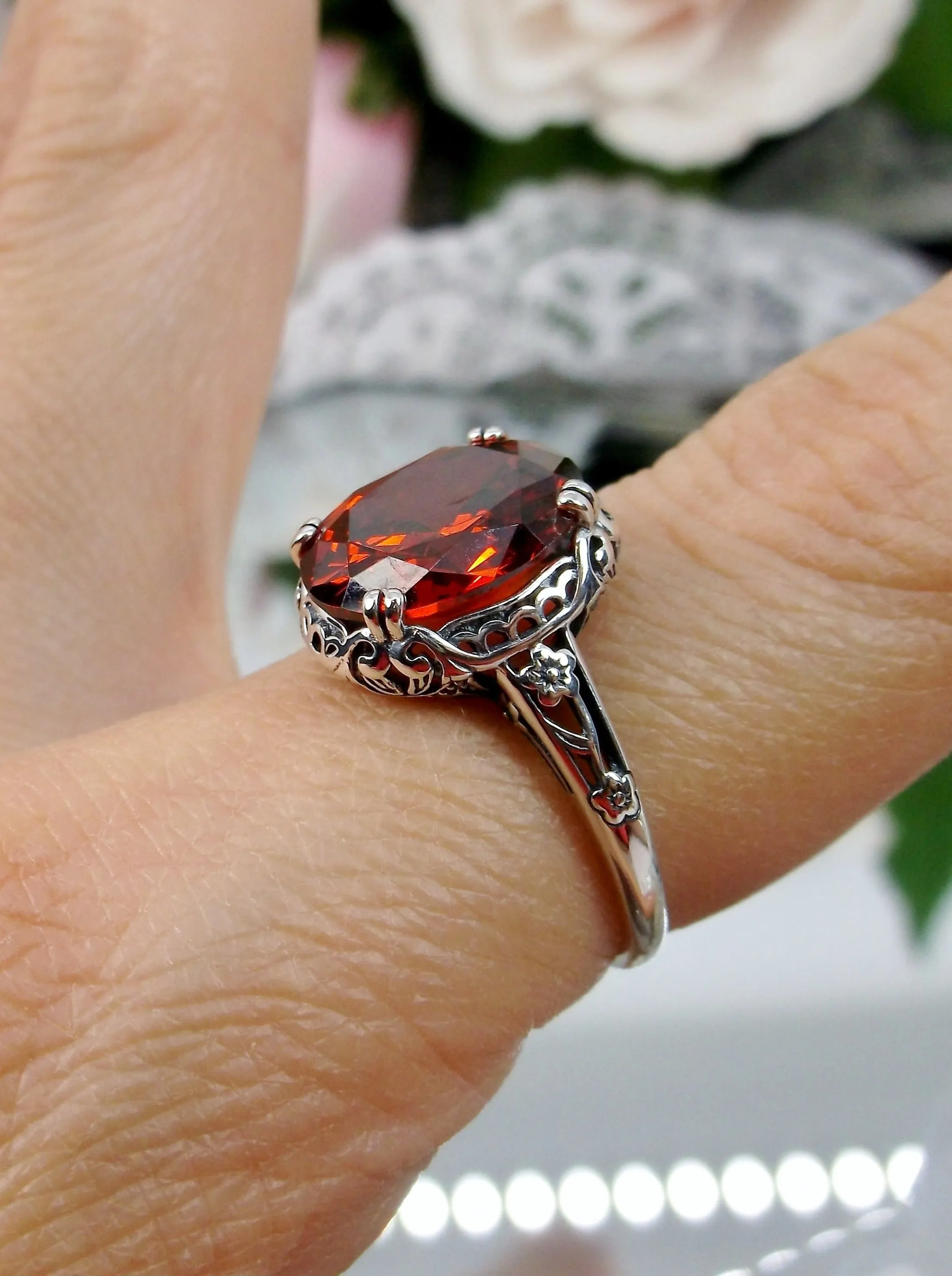 Garnet CZ Ring, Edwardian Antique Reproduction Jewelry #D70z