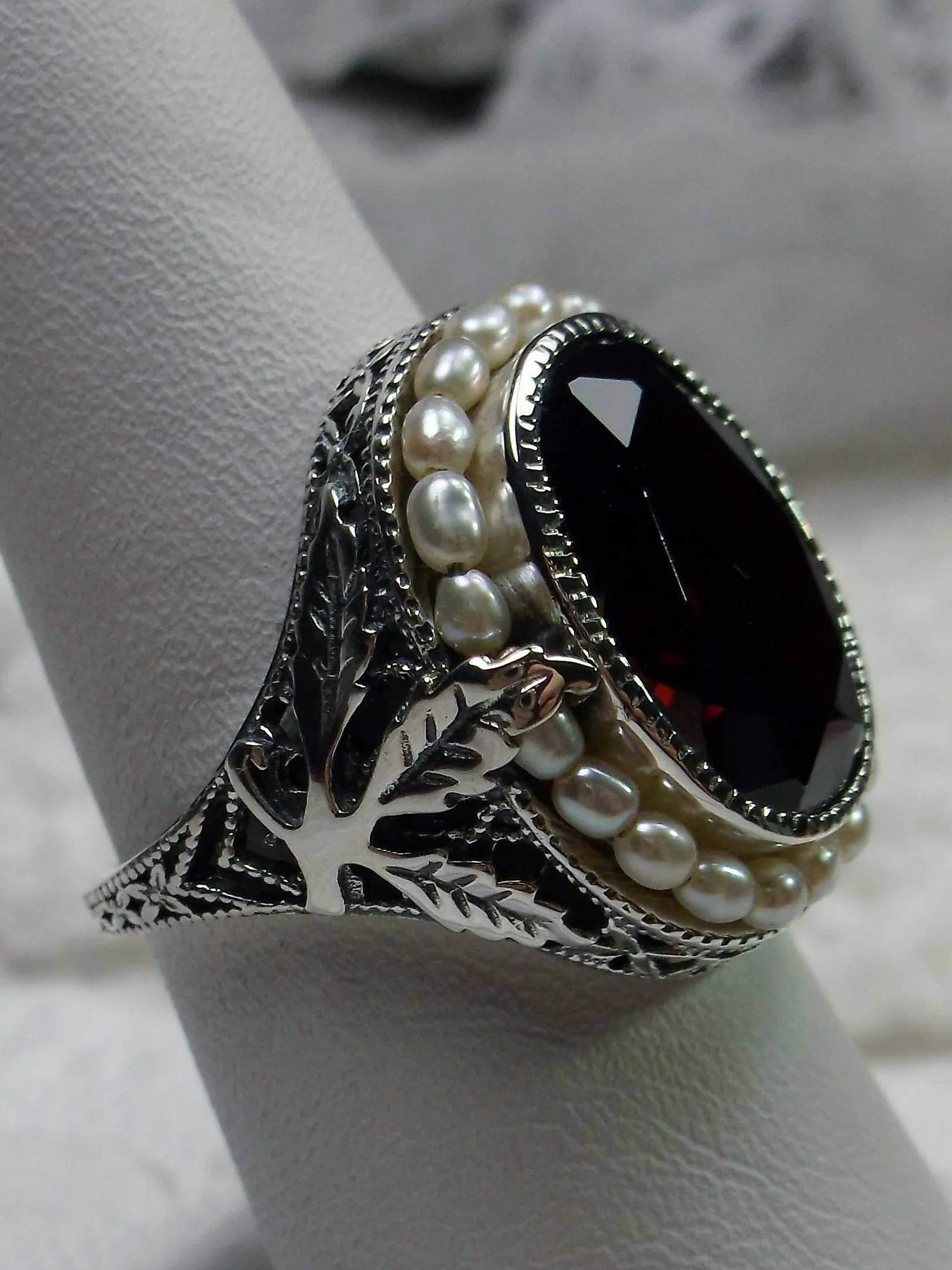 Garnet CZ Ring, Garden Leaf Silver Filigree, Victorian Jewelry #D156