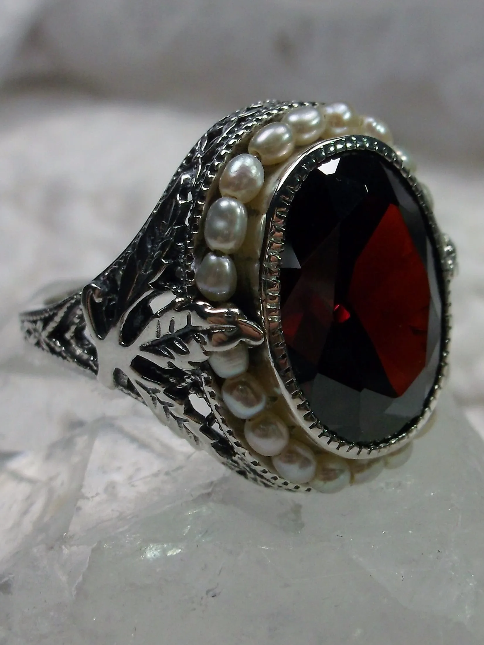 Garnet CZ Ring, Garden Leaf Silver Filigree, Victorian Jewelry #D156