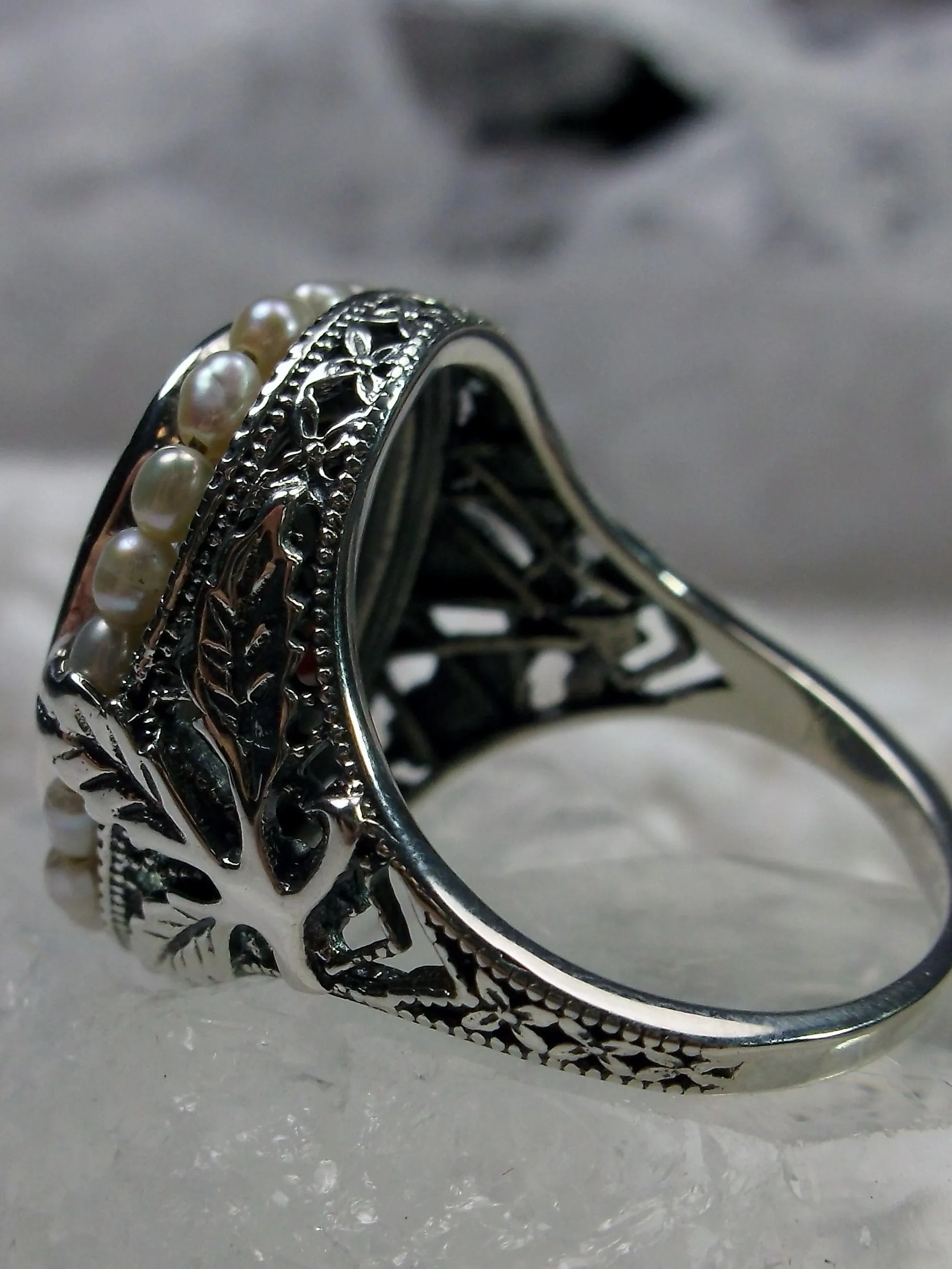Garnet CZ Ring, Garden Leaf Silver Filigree, Victorian Jewelry #D156