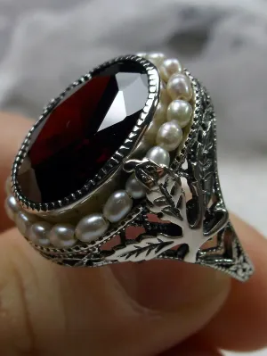 Garnet CZ Ring, Garden Leaf Silver Filigree, Victorian Jewelry #D156