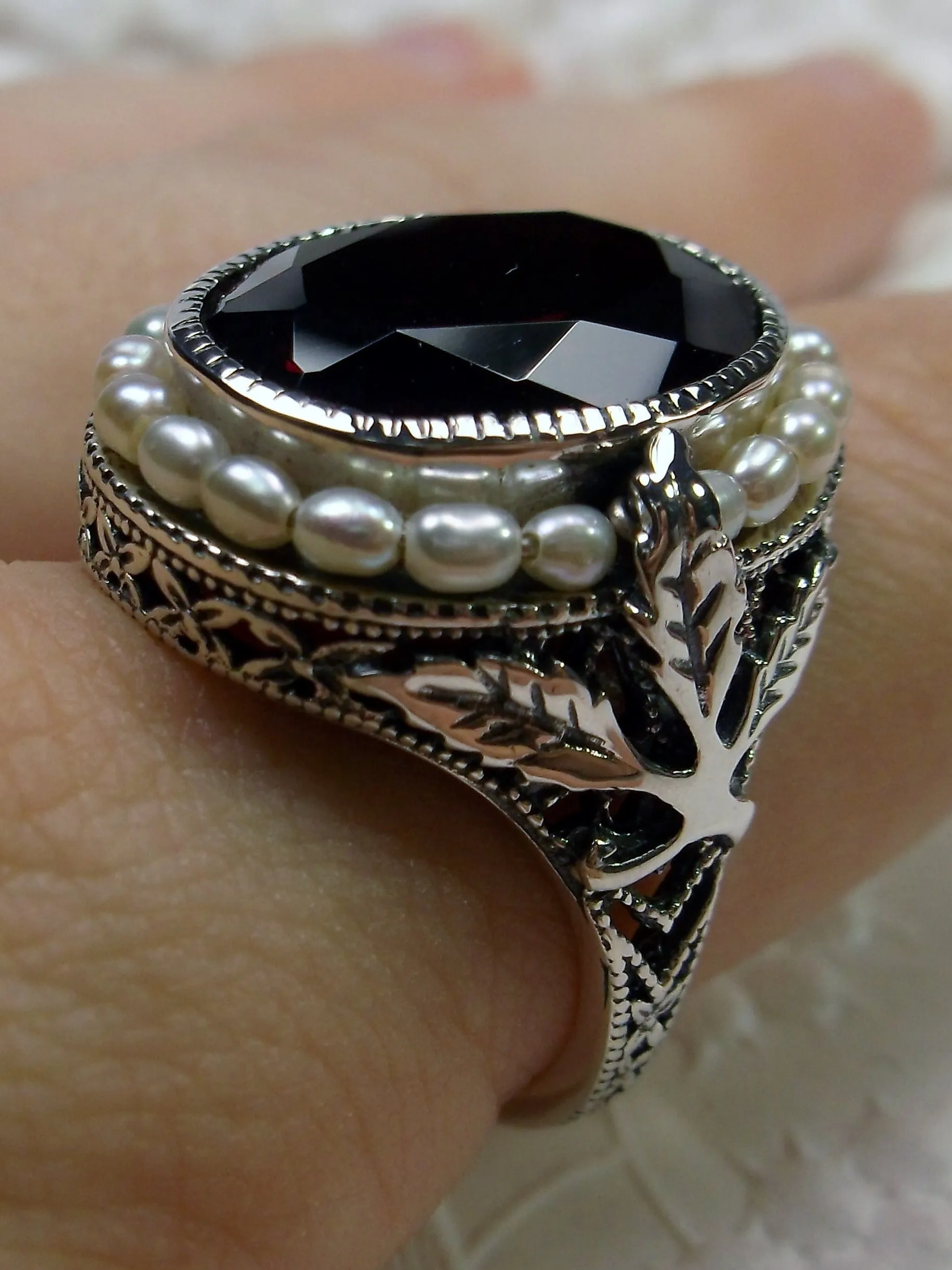 Garnet CZ Ring, Garden Leaf Silver Filigree, Victorian Jewelry #D156