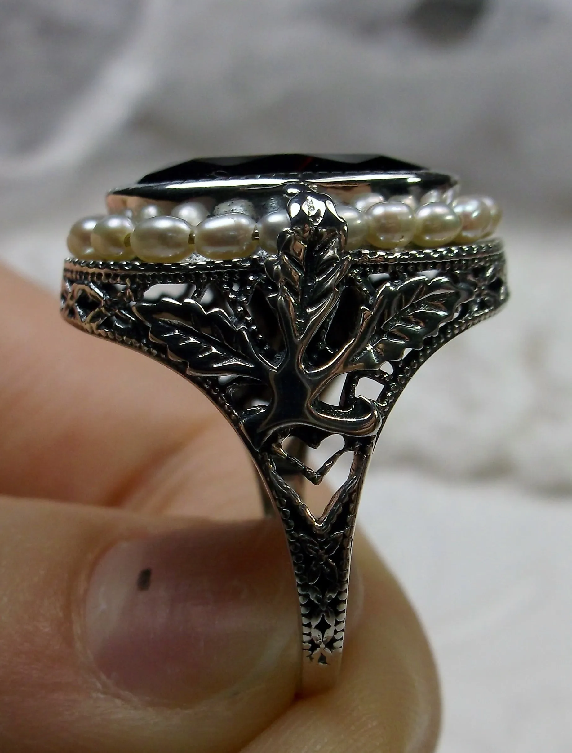 Garnet CZ Ring, Garden Leaf Silver Filigree, Victorian Jewelry #D156